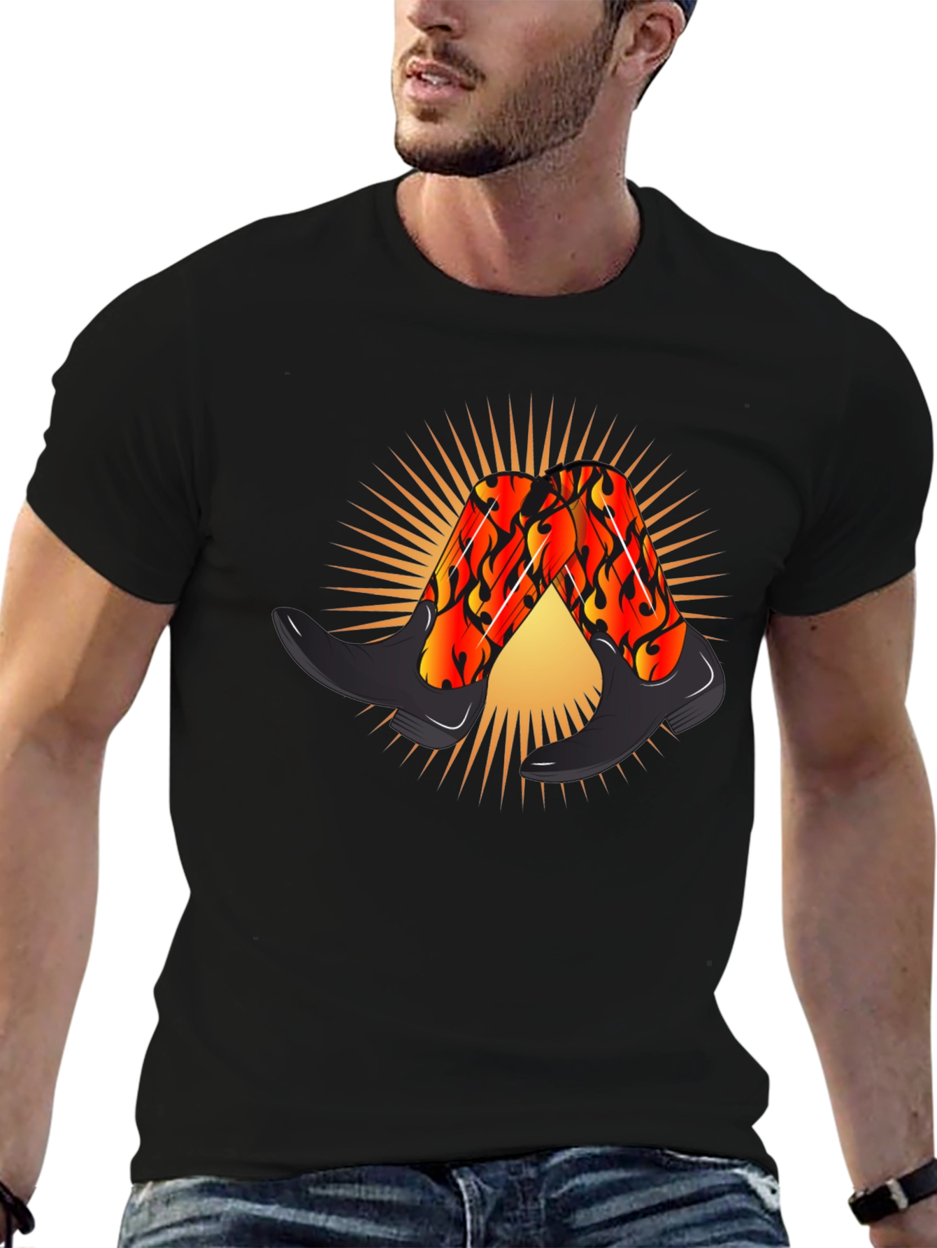 Fiery Cowboy Boots Graphic Black T-Shirt