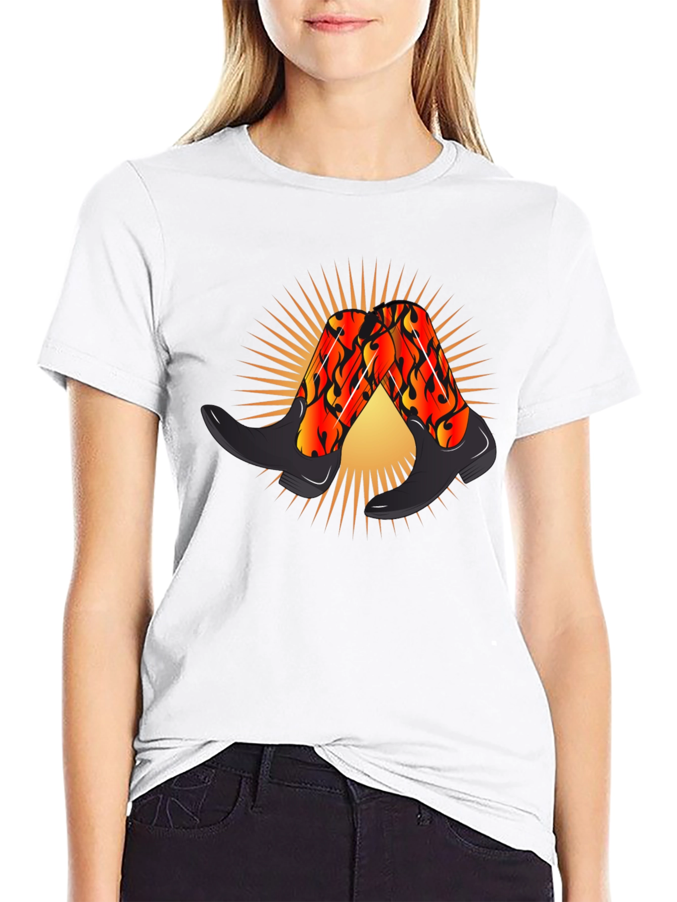 Fiery Cowboy Boots Graphic Black T-Shirt