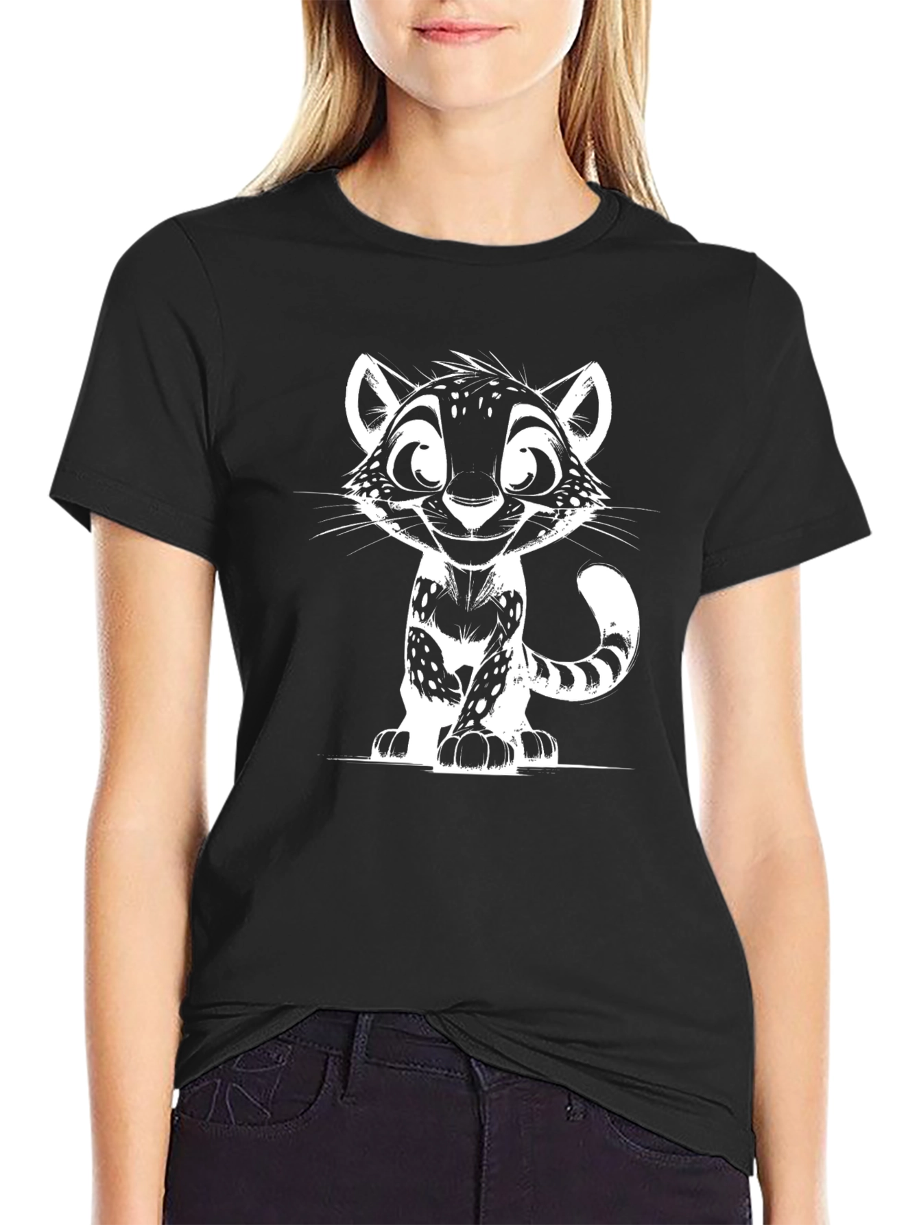 Cartoon Cat Graphic Print Black T-Shirt