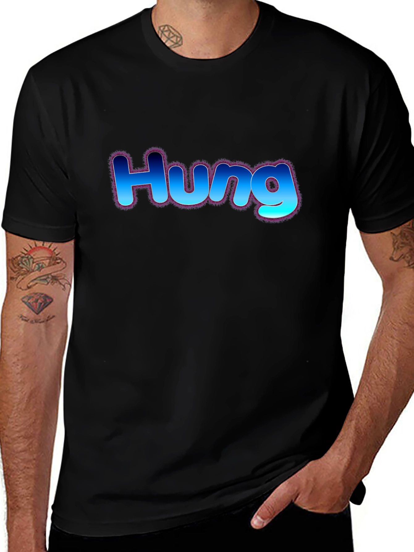 Hung T-Shirt - Bold Blue Graphic Design
