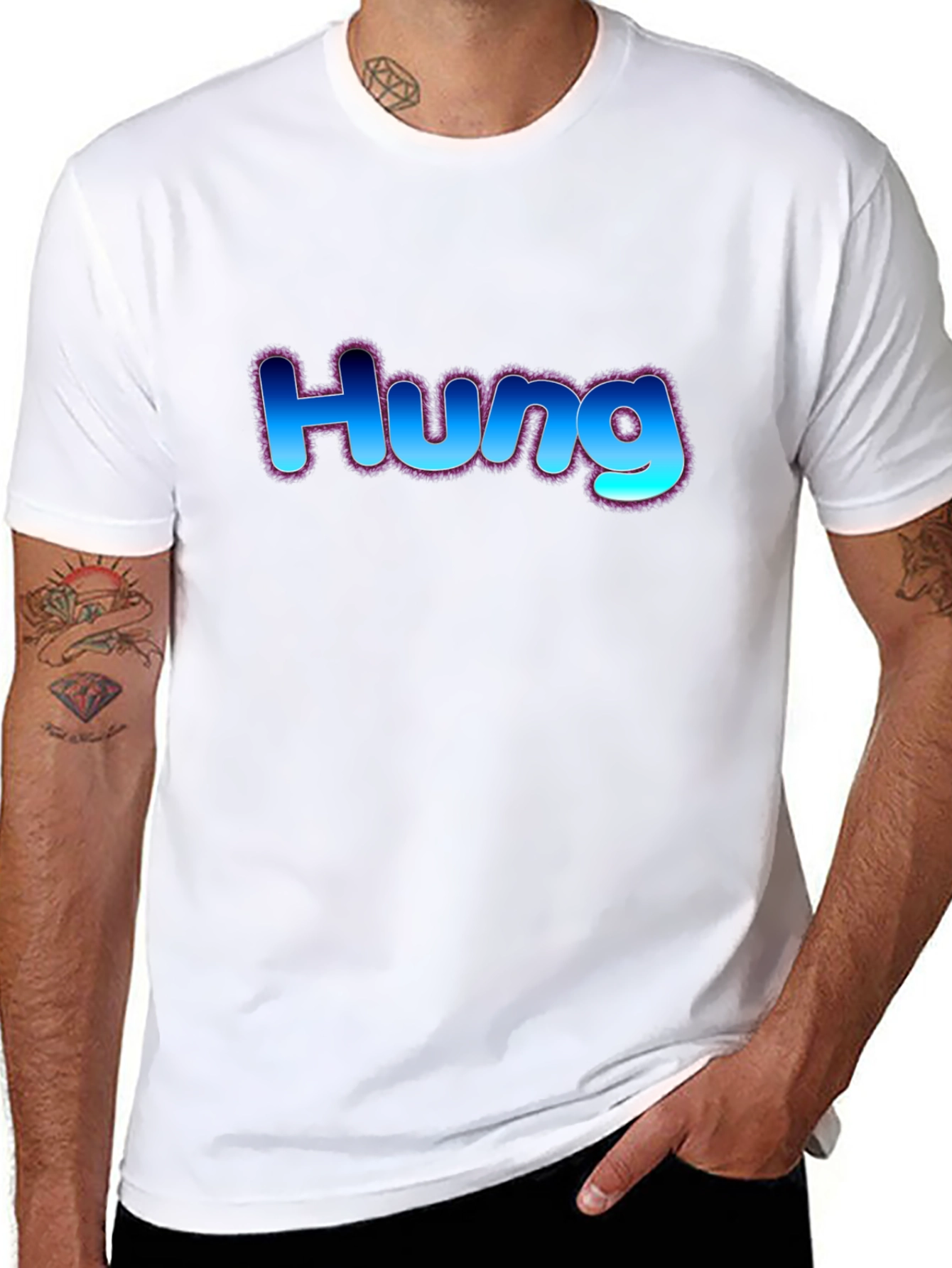 Hung T-Shirt - Bold Blue Graphic Design