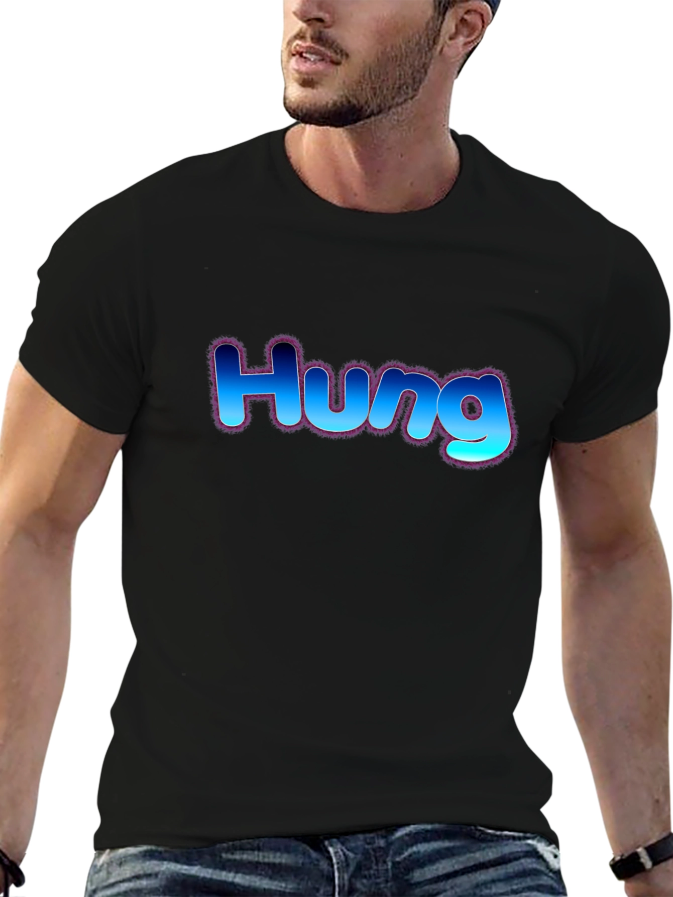 Hung T-Shirt - Bold Blue Graphic Design