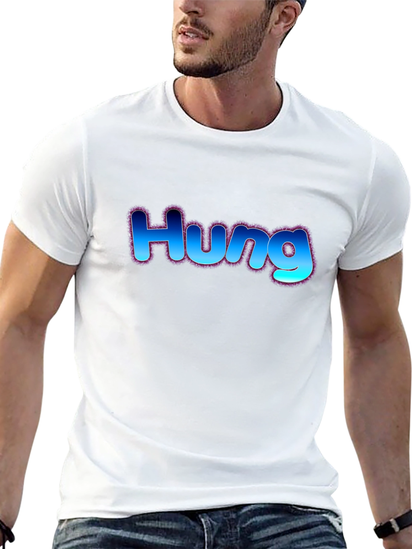 Hung T-Shirt - Bold Blue Graphic Design
