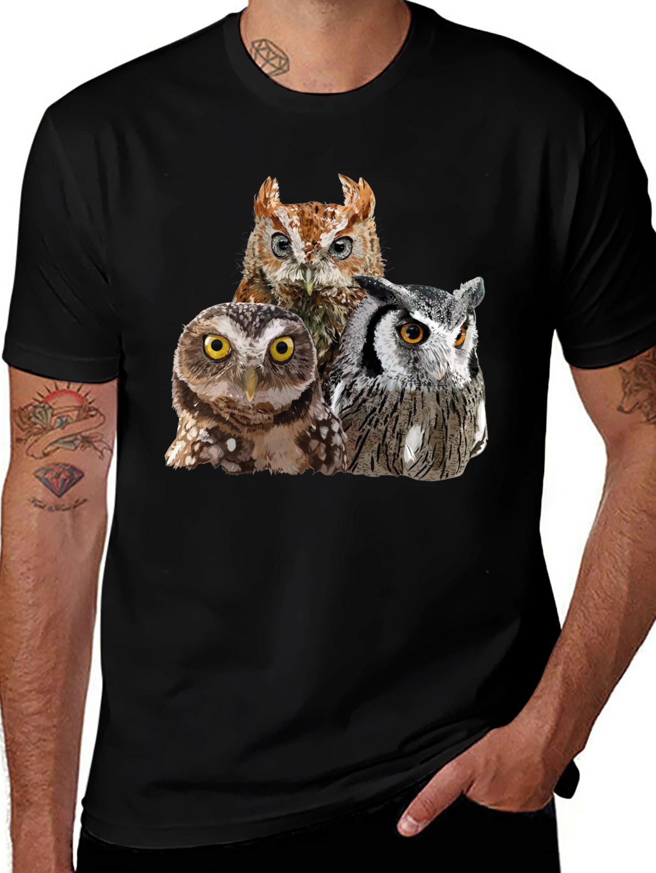 Owl Trio Graphic T-Shirt - Black Cotton Tee