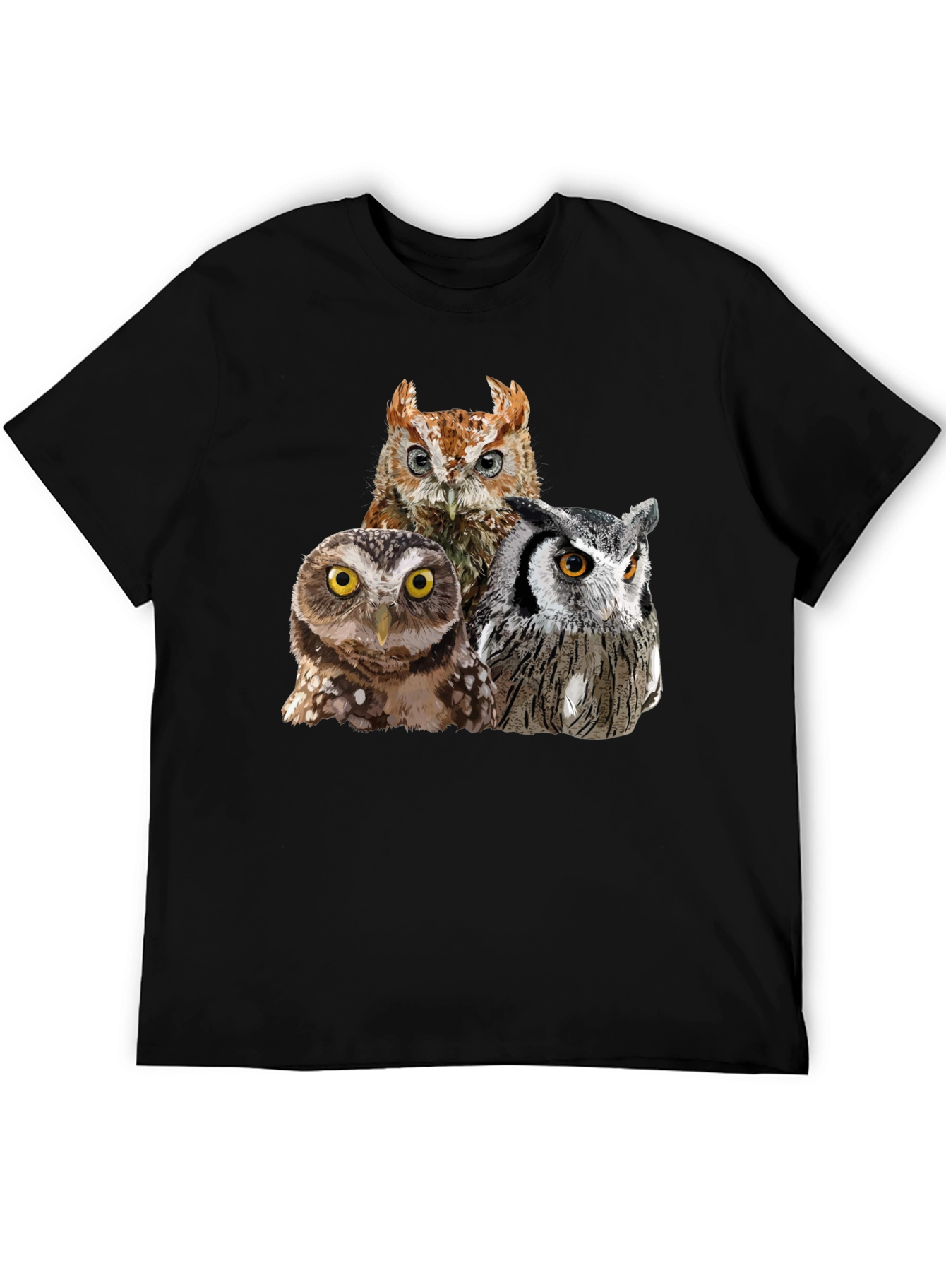 Owl Trio Graphic T-Shirt - Black Cotton Tee
