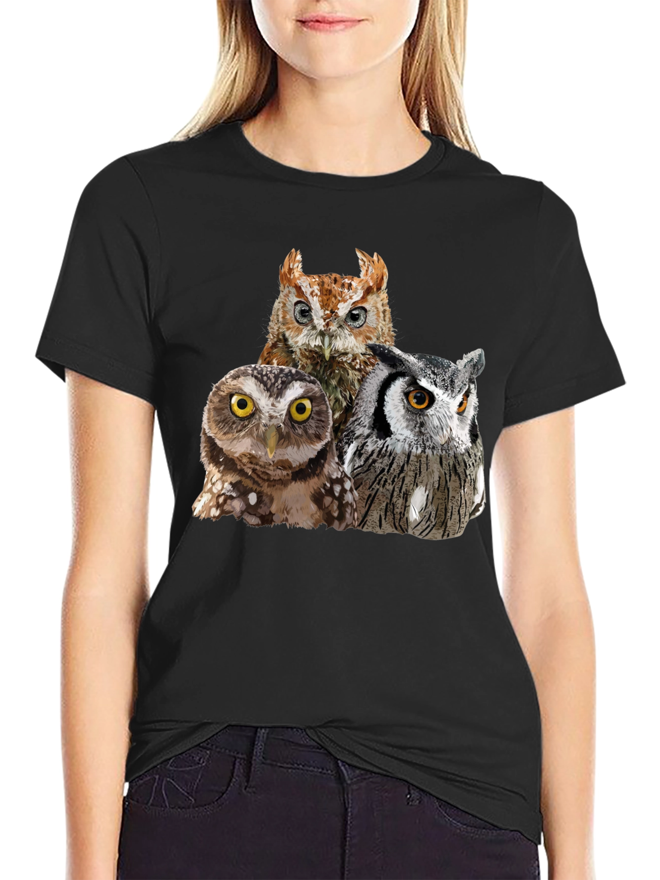 Owl Trio Graphic T-Shirt - Black Cotton Tee