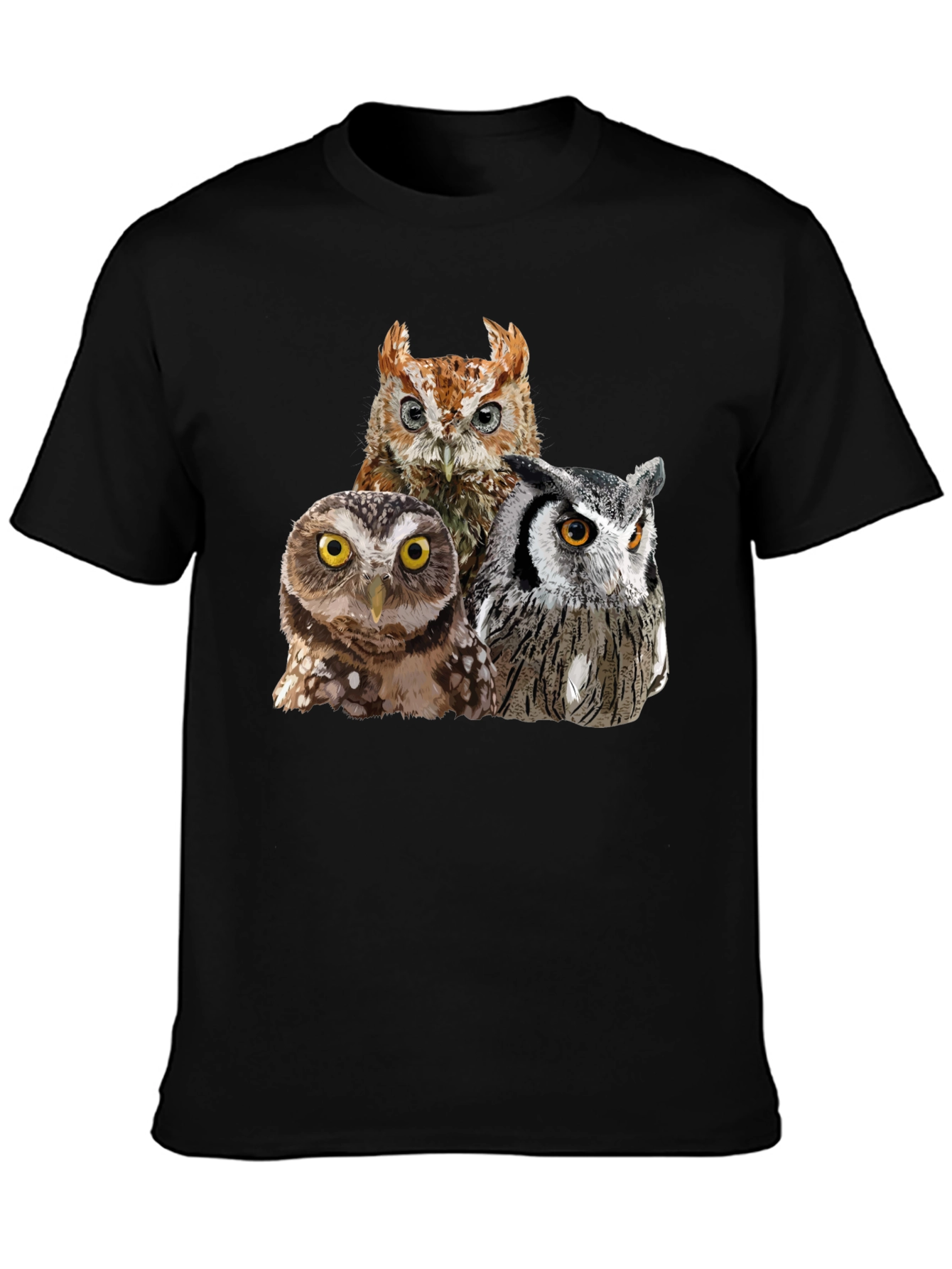 Owl Trio Graphic T-Shirt - Black Cotton Tee