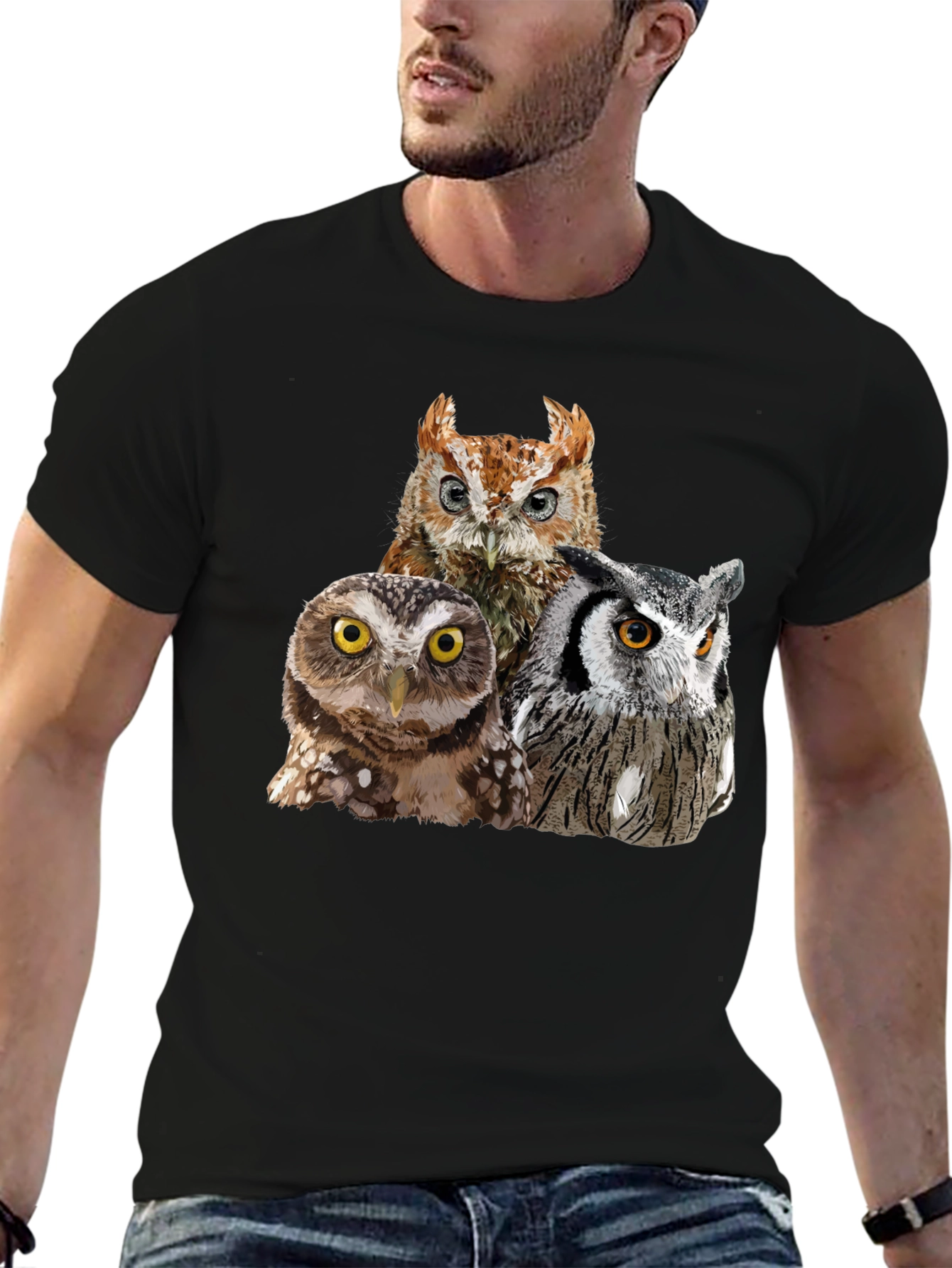 Owl Trio Graphic T-Shirt - Black Cotton Tee