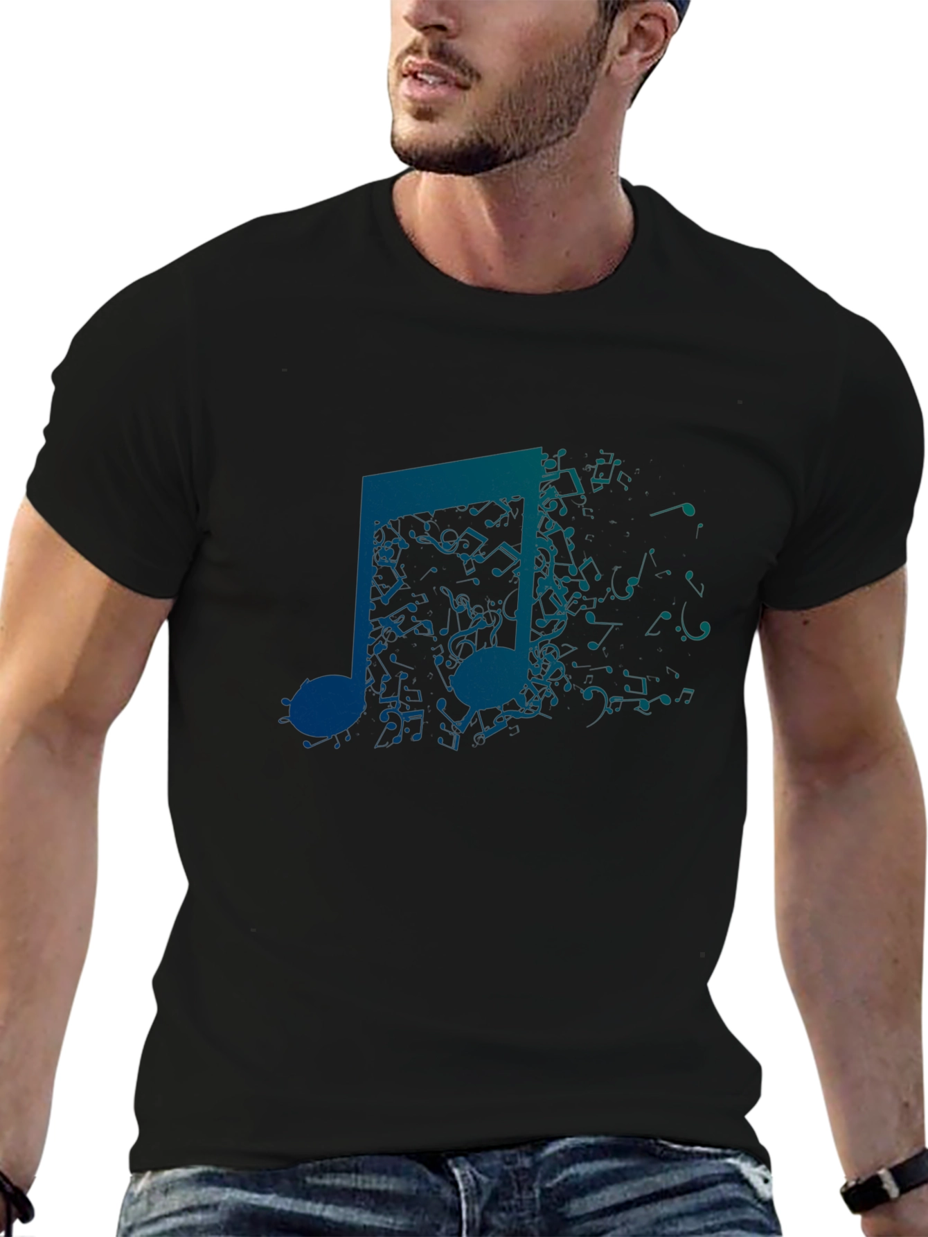 Mens Black Graphic Tee: Music Note Design