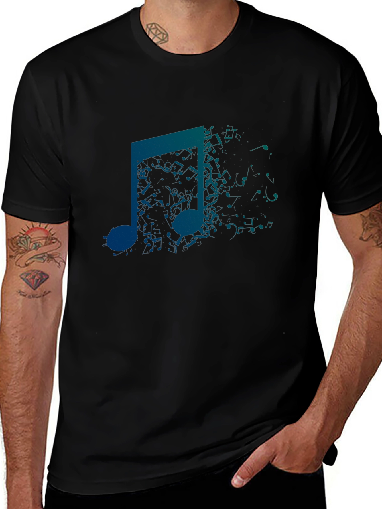 Mens Black Graphic Tee: Music Note Design