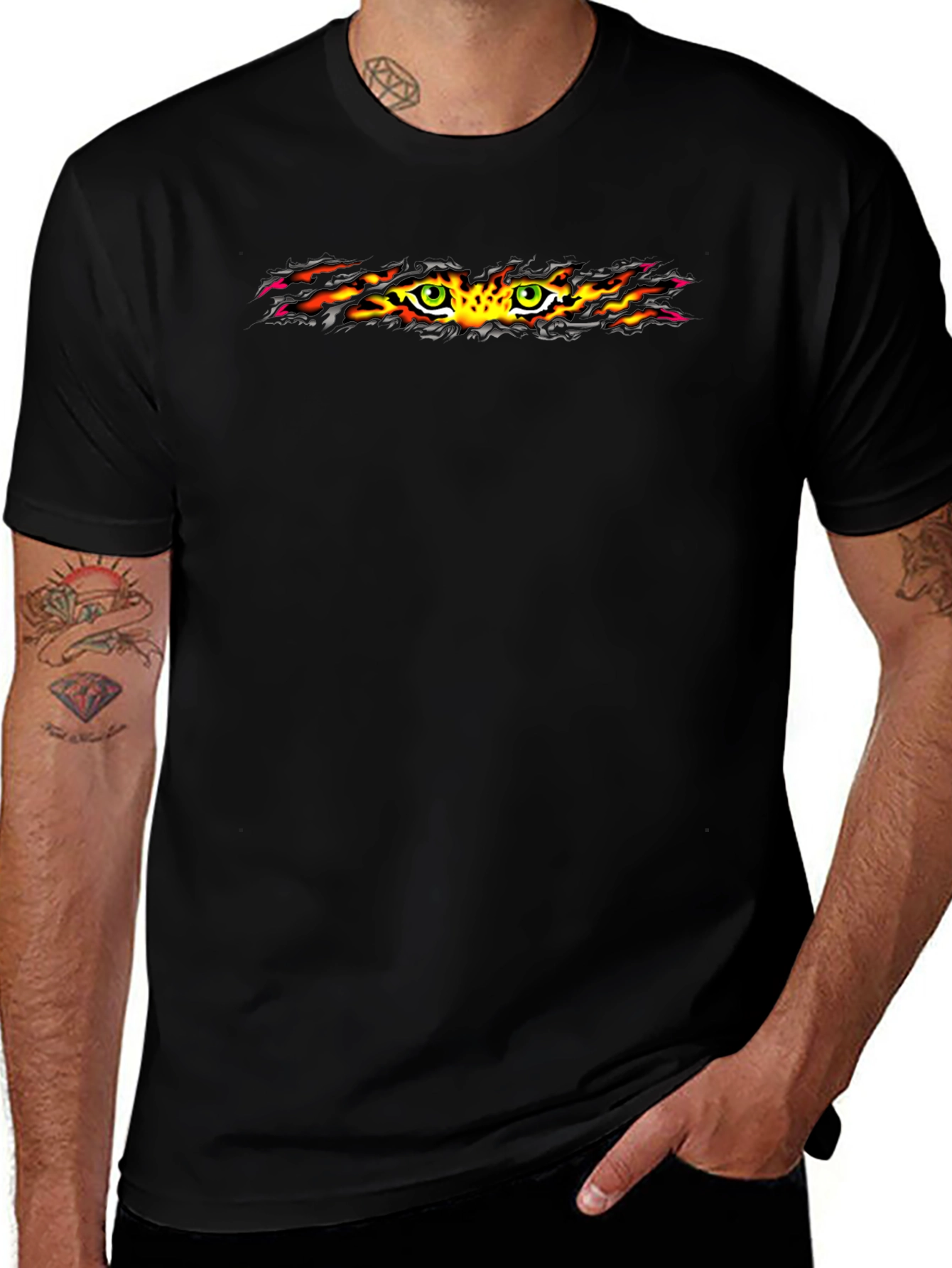 Fiery Eyes Graphic Tee - Bold Black T-Shirt