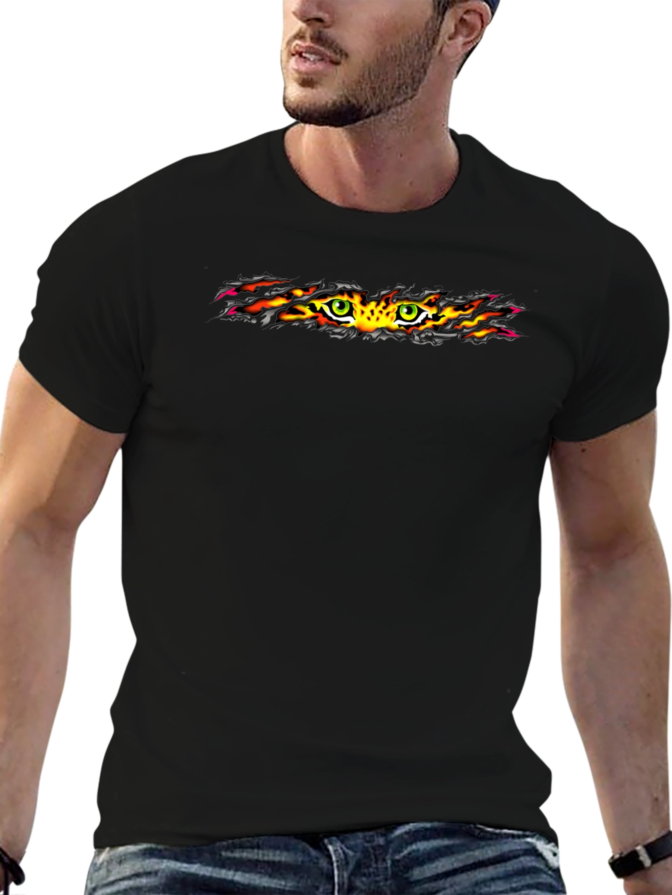 Fiery Eyes Graphic Tee - Bold Black T-Shirt