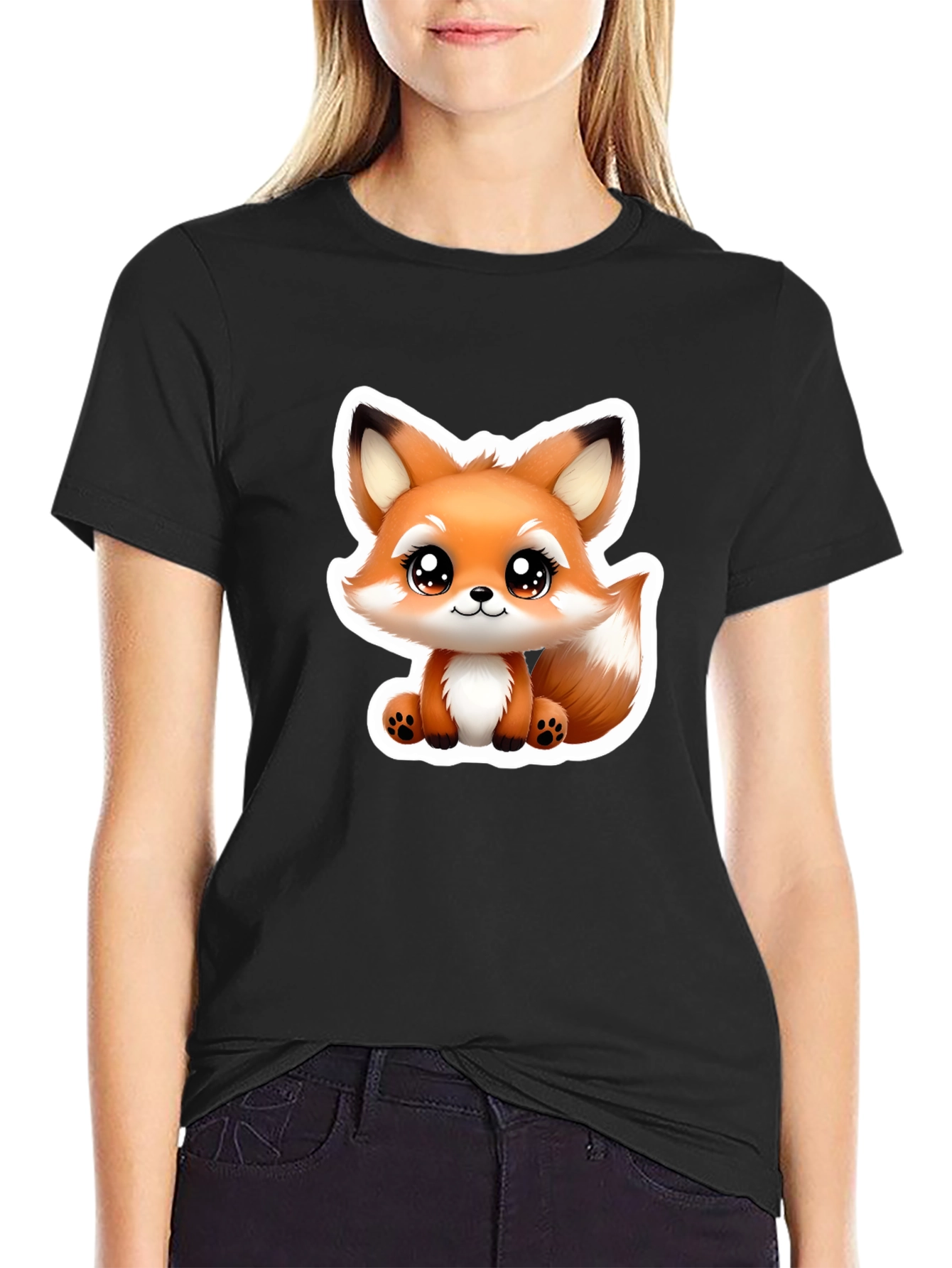 Cute Fox Graphic Tee - Soft Black Cotton Blend