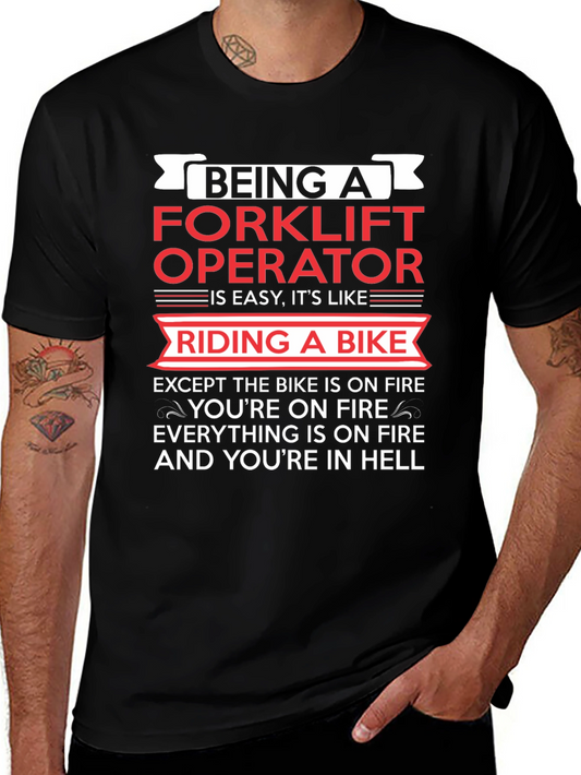 Funny Forklift Operator T-Shirt - Riding a Bike in Hell