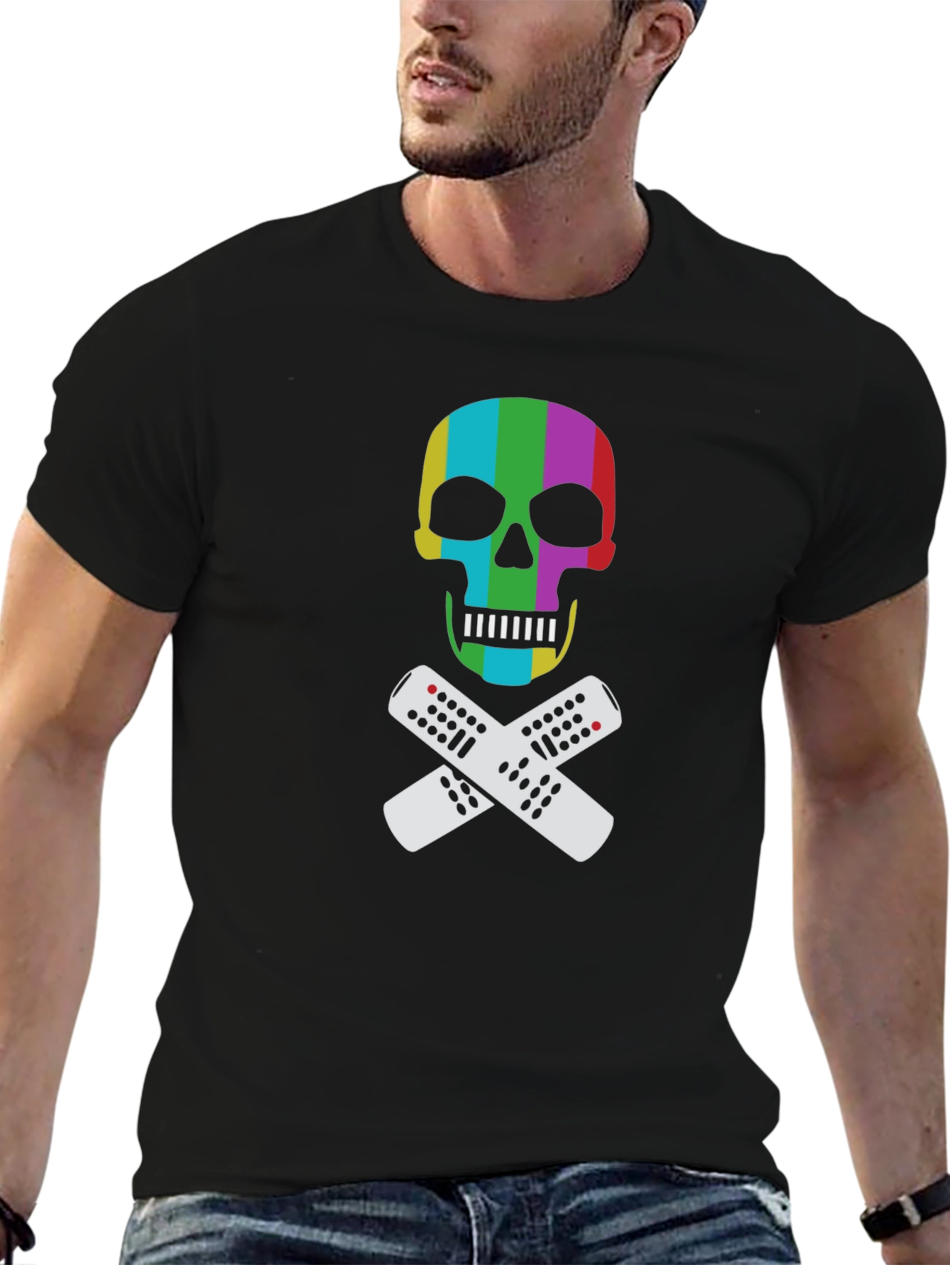 Rainbow Skull & Remote T-Shirt - Black Tee