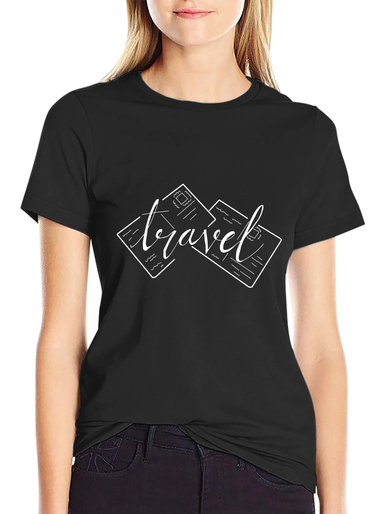 Travel Postcard Graphic Tee - Black Cotton T-Shirt