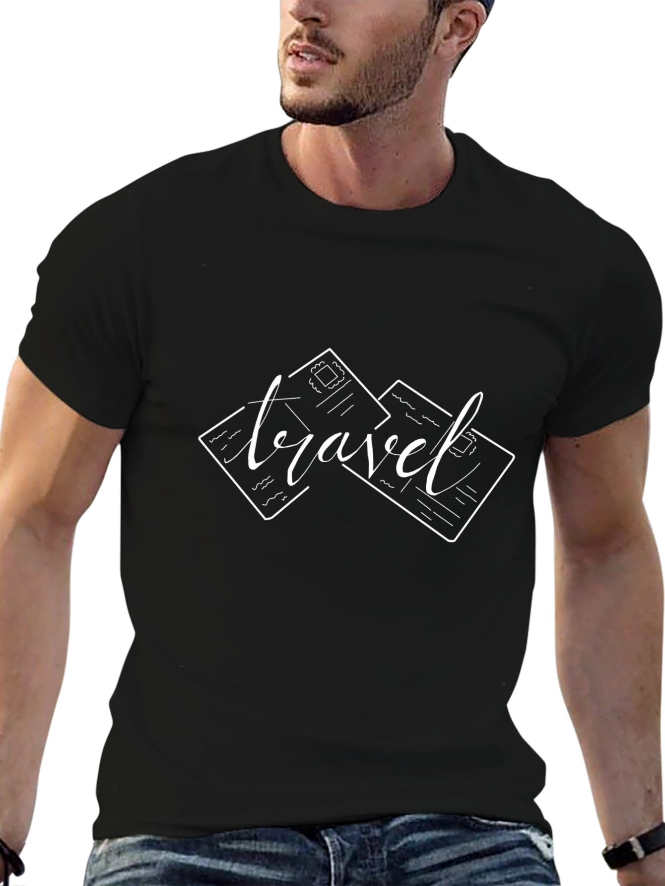 Travel Postcard Graphic Tee - Black Cotton T-Shirt