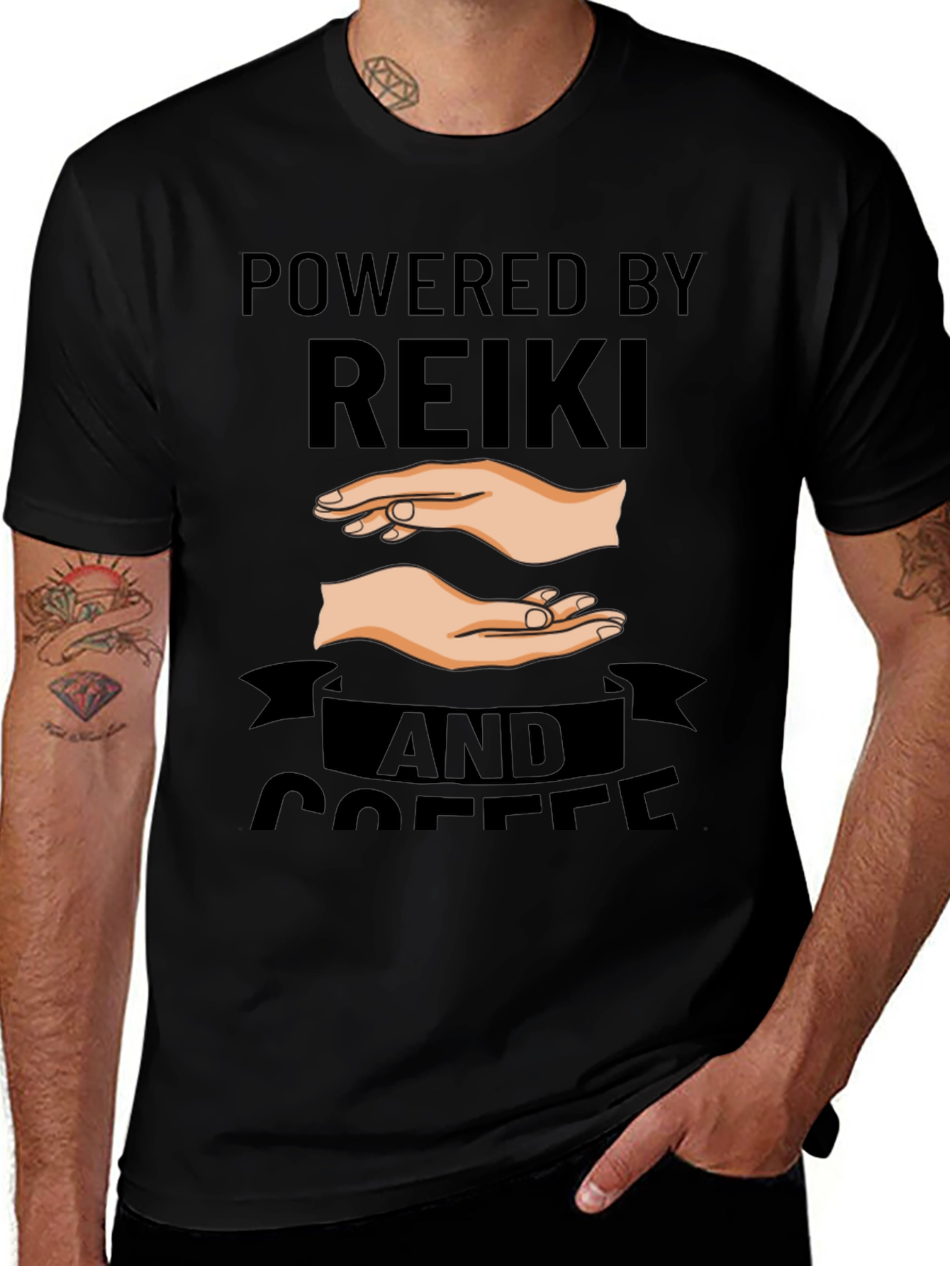 Powered by Reiki and Coffee Black T-Shirt