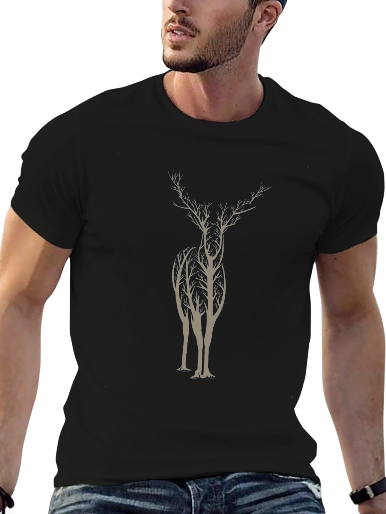 Tree Deer Graphic Tee - Stylish Mens Black T-Shirt