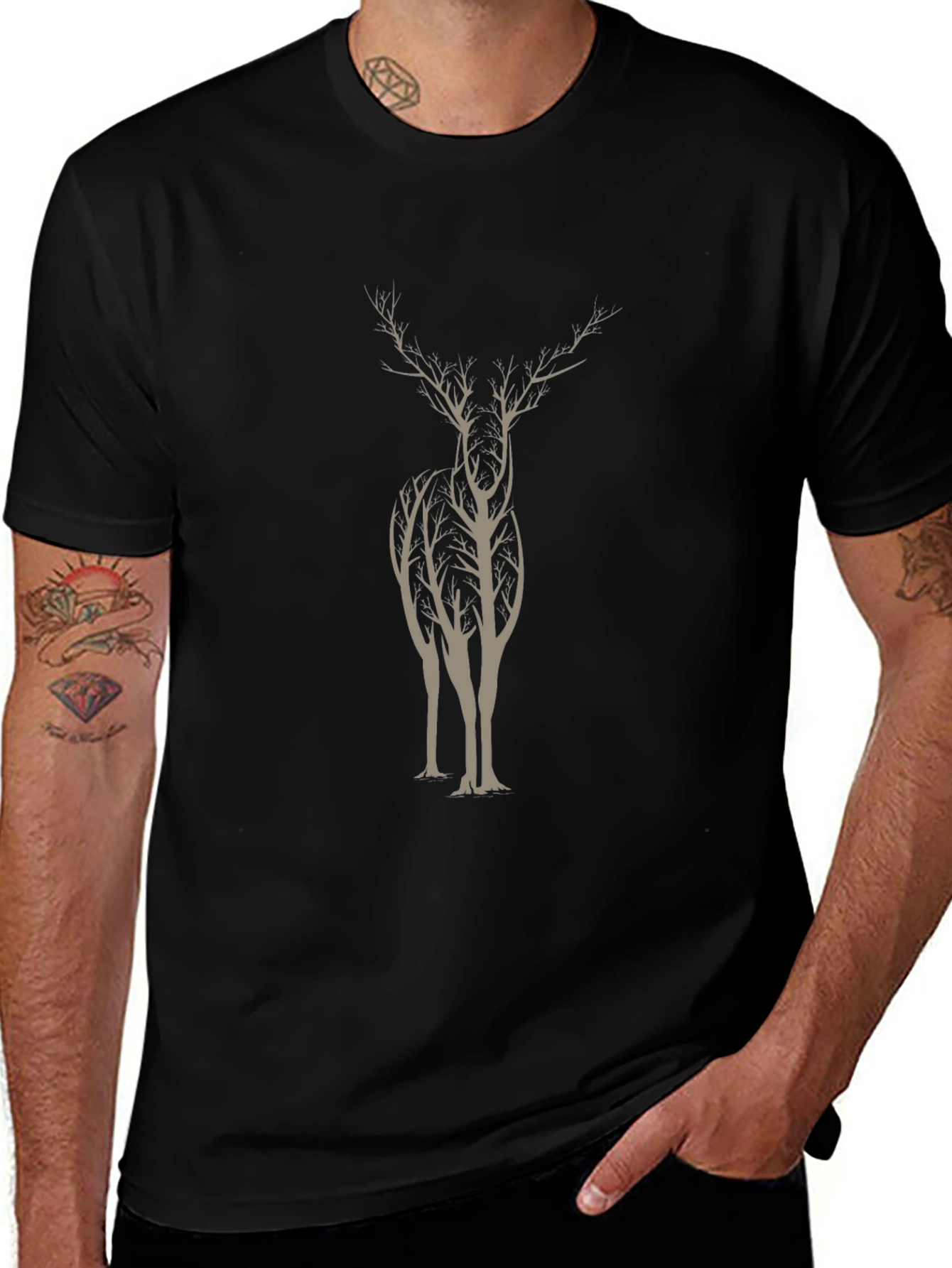 Tree Deer Graphic Tee - Stylish Mens Black T-Shirt
