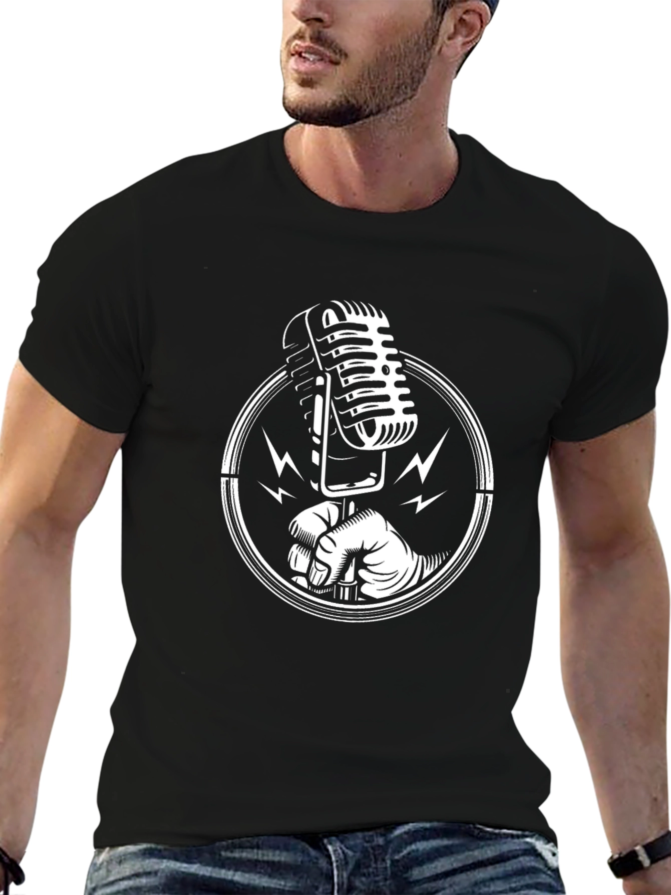 Retro Microphone Graphic Tee - Black
