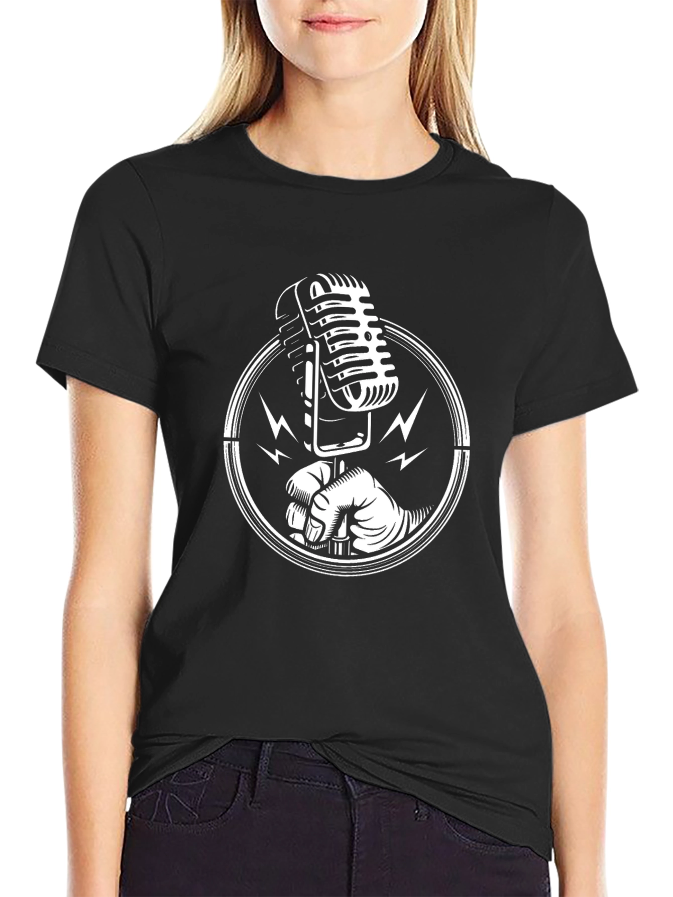 Retro Microphone Graphic Tee - Black