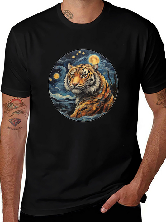 Tiger Starry Night Graphic Tee - Black Cotton