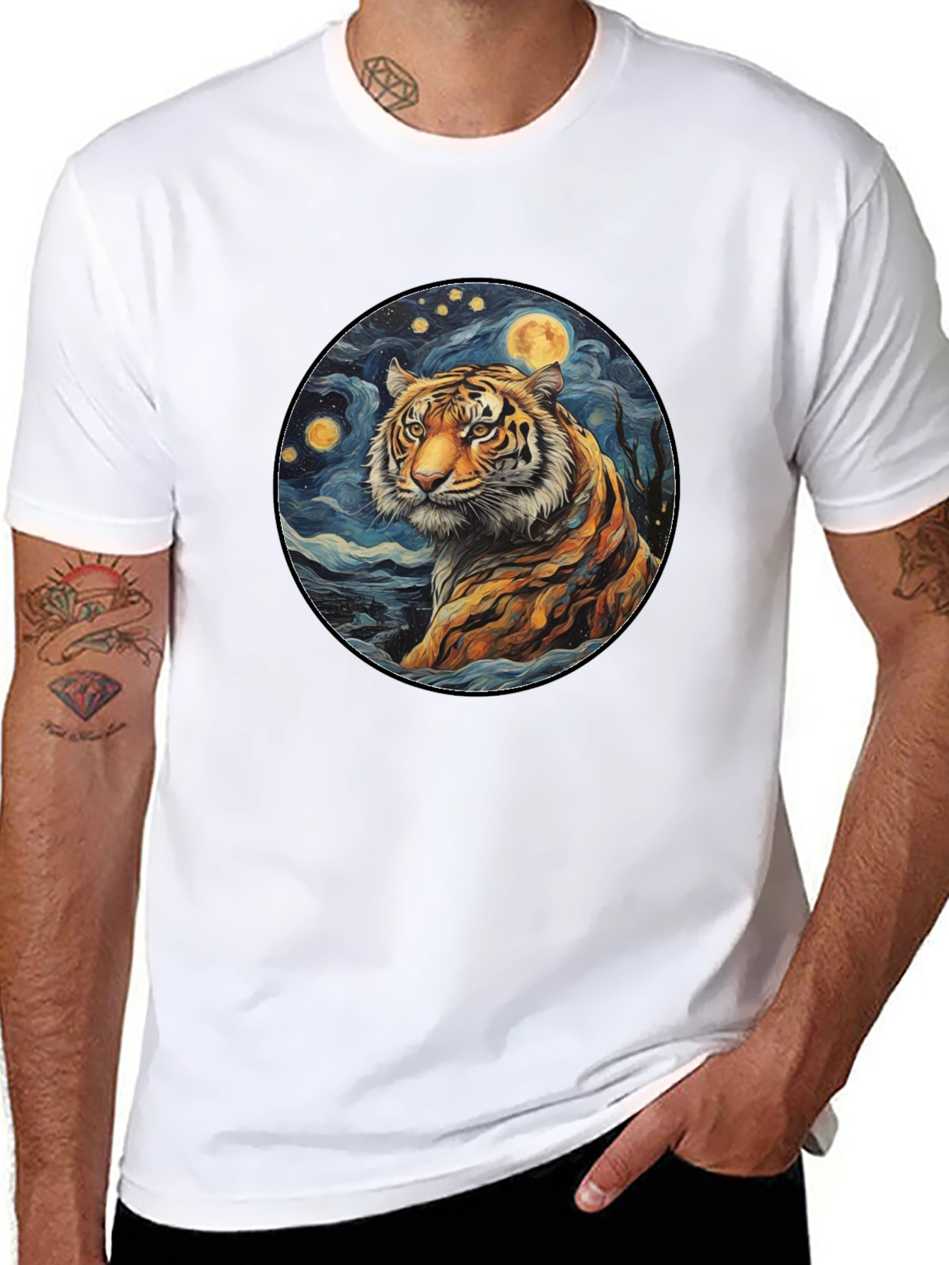 Tiger Starry Night Graphic Tee - Black Cotton