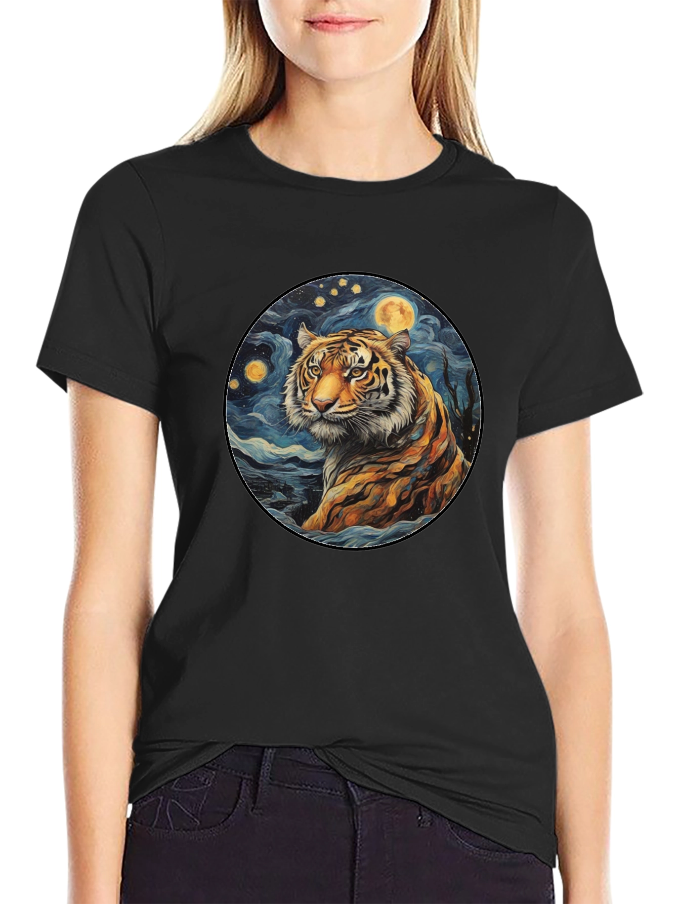 Tiger Starry Night Graphic Tee - Black Cotton
