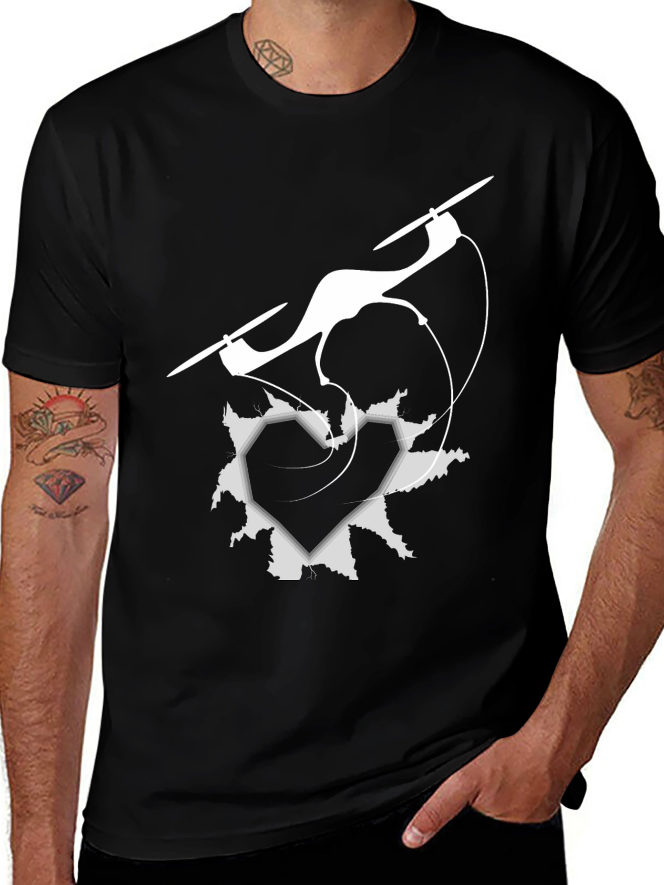 Drone Heart Graphic Tee - Black Crew Neck