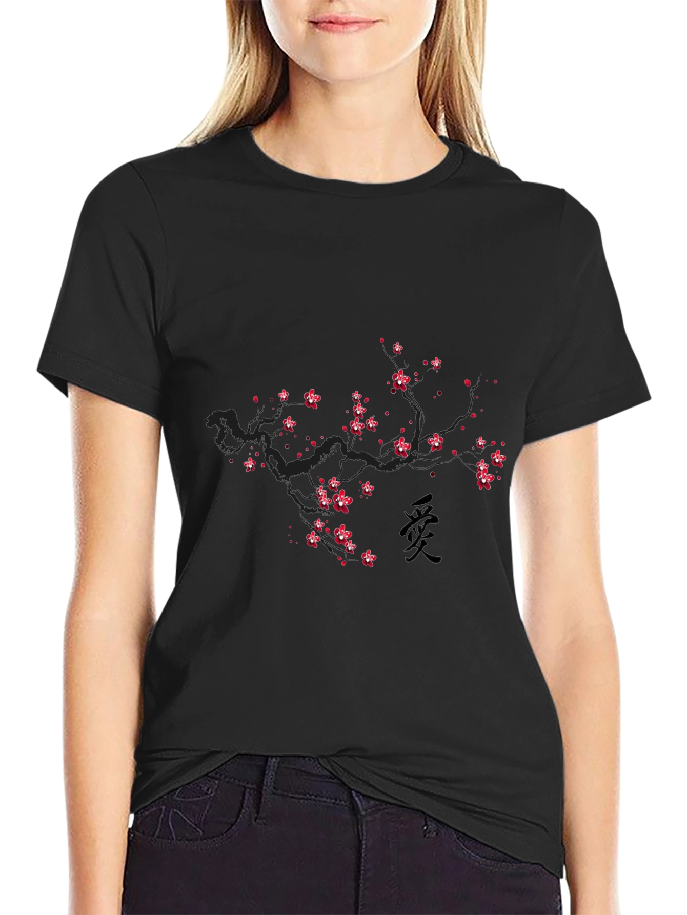 Cherry Blossom Print Black T-Shirt - Modern Casual Wear