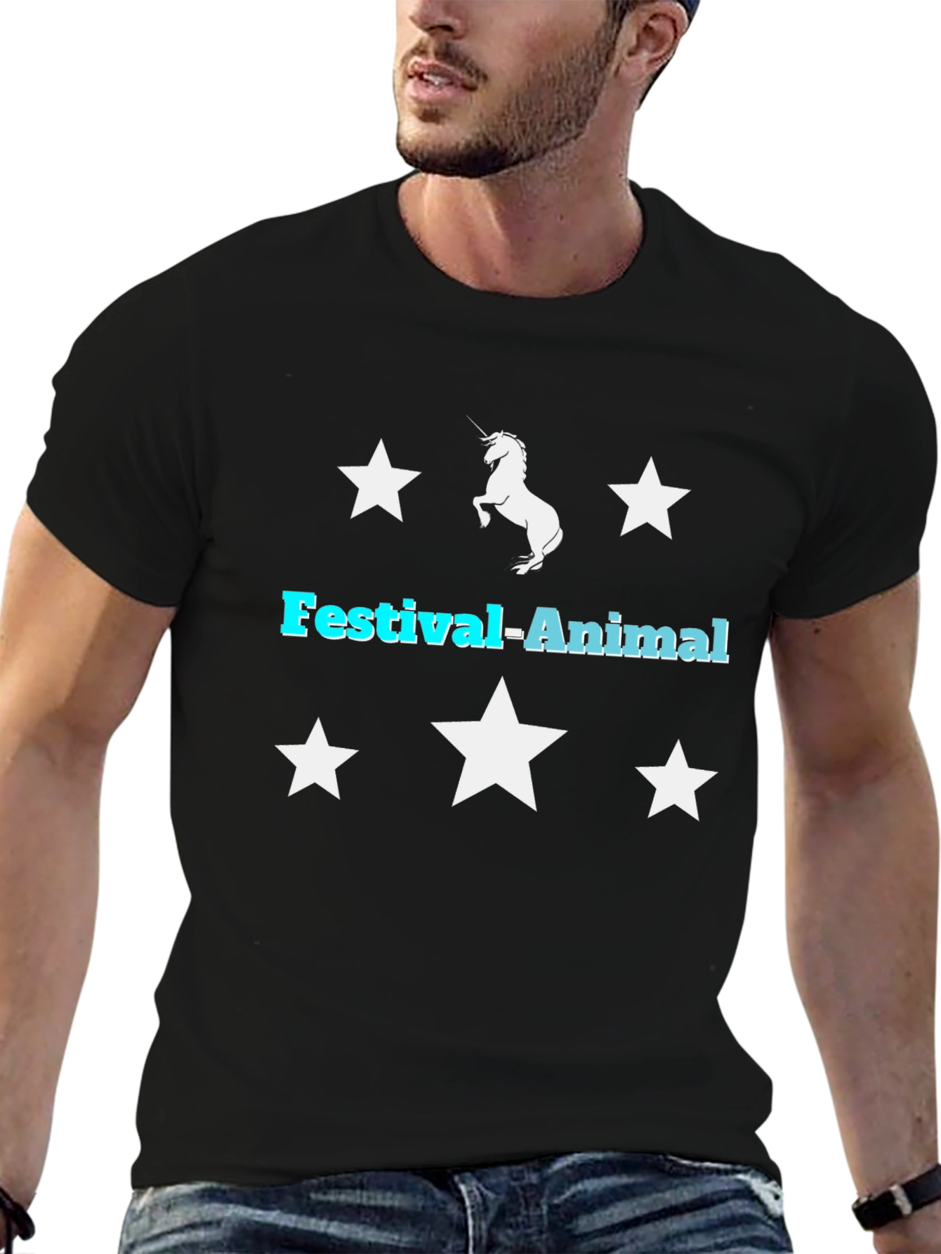 Festival-Animal Unicorn Star Graphic Black T-Shirt