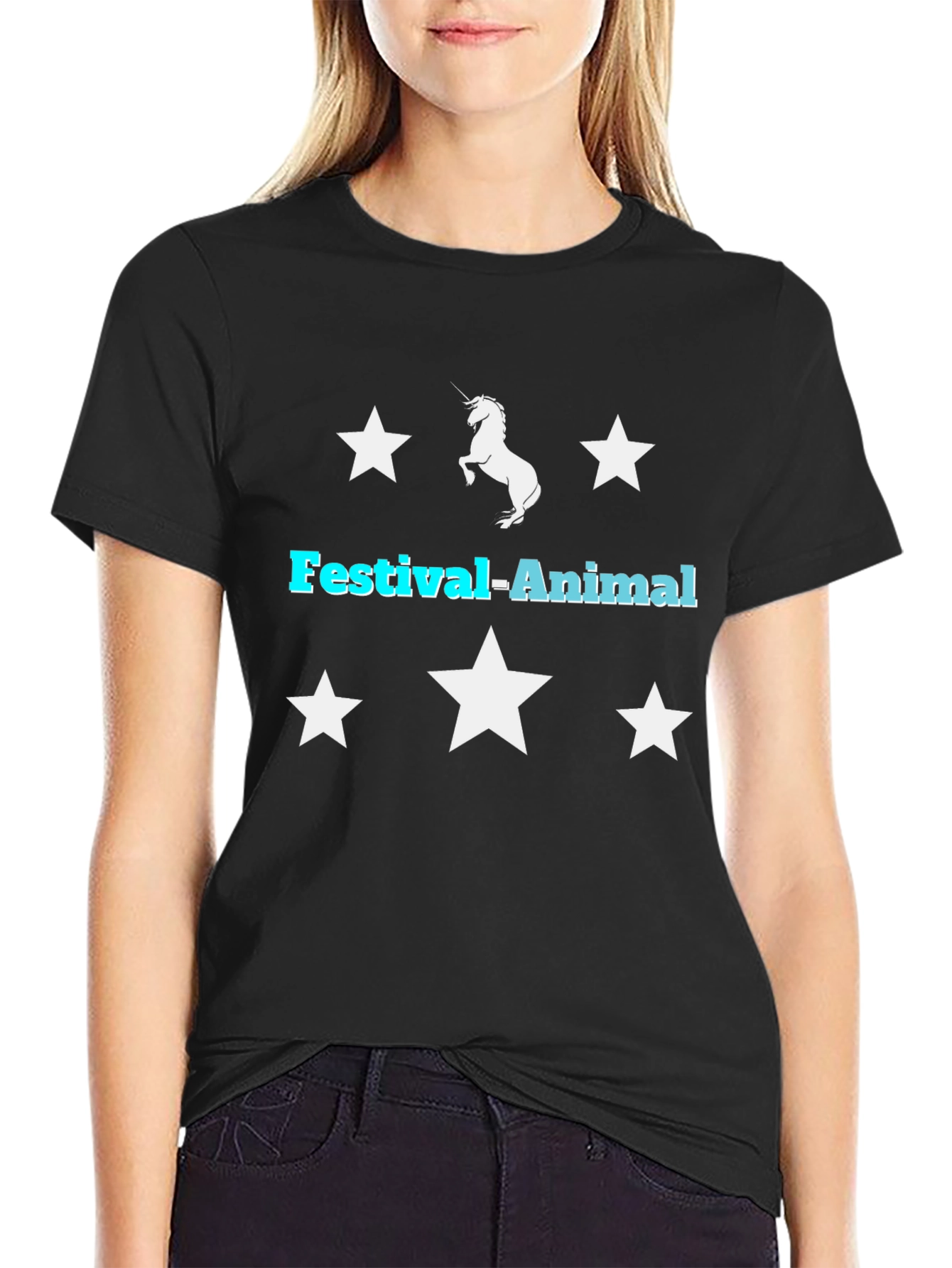 Festival-Animal Unicorn Star Graphic Black T-Shirt