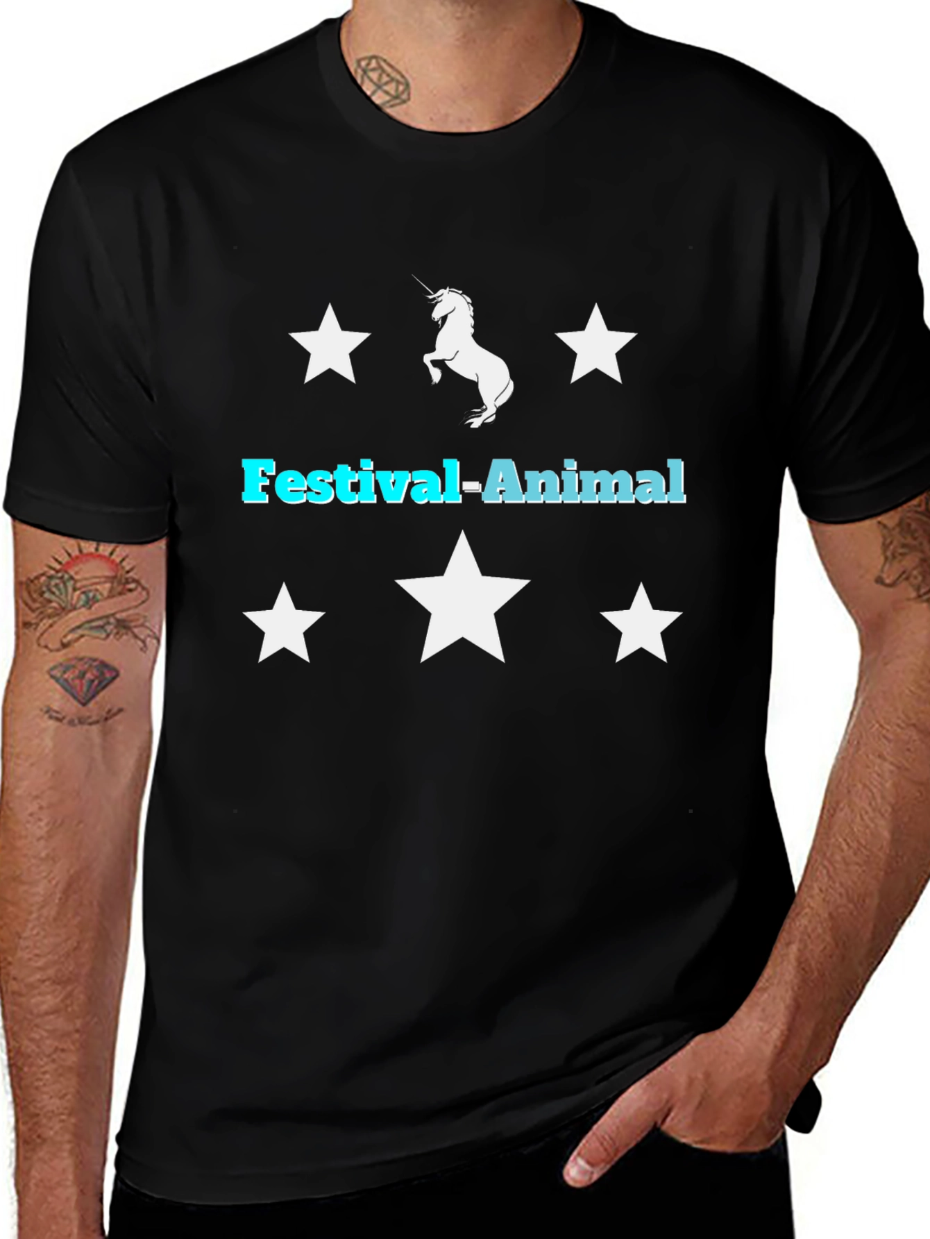 Festival-Animal Unicorn Star Graphic Black T-Shirt