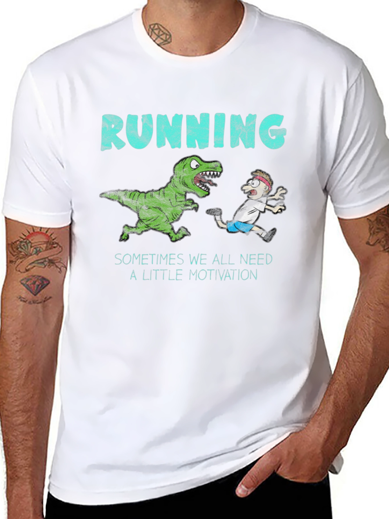 Running Motivation T-Shirt - Dinosaur Chasing Man