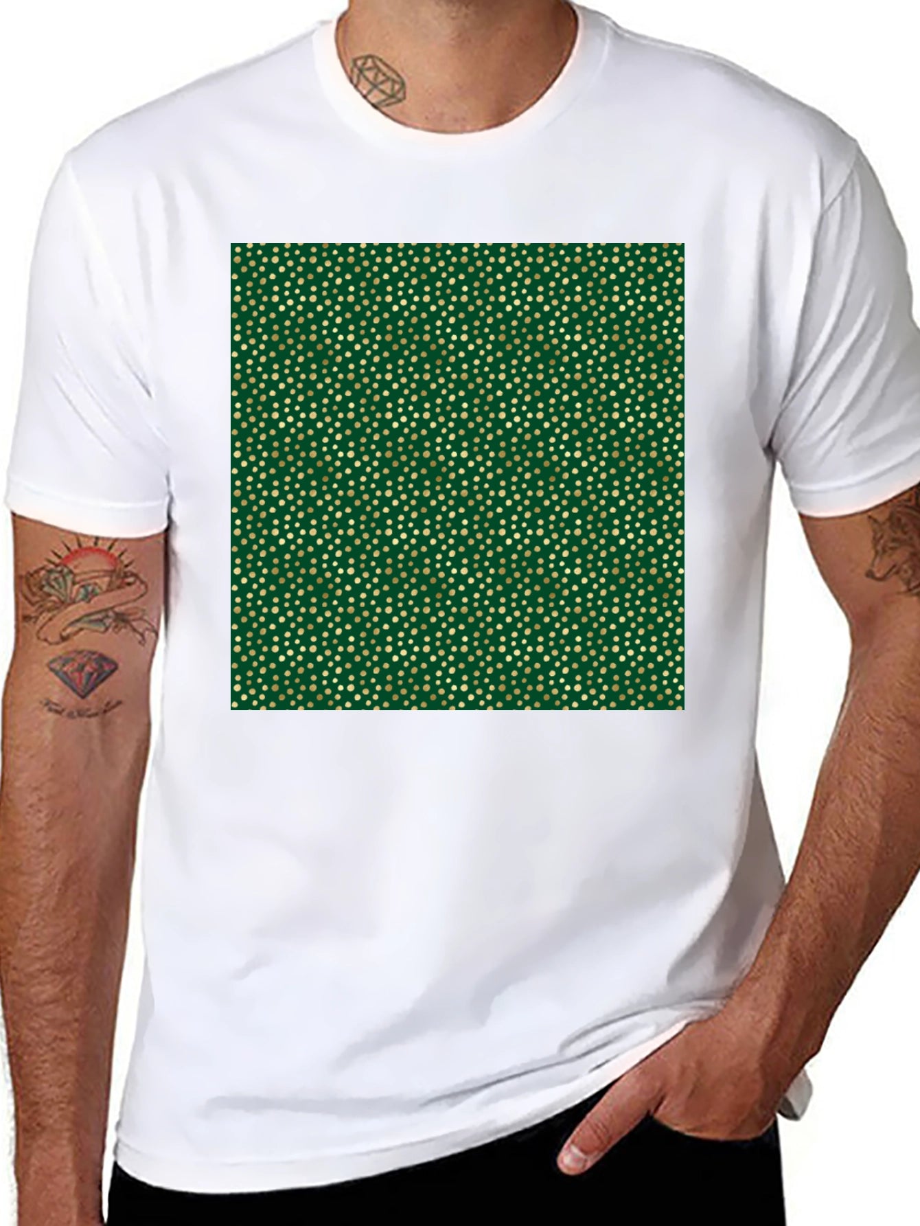 Stylish Black Tee with Unique Gold & Green Pattern