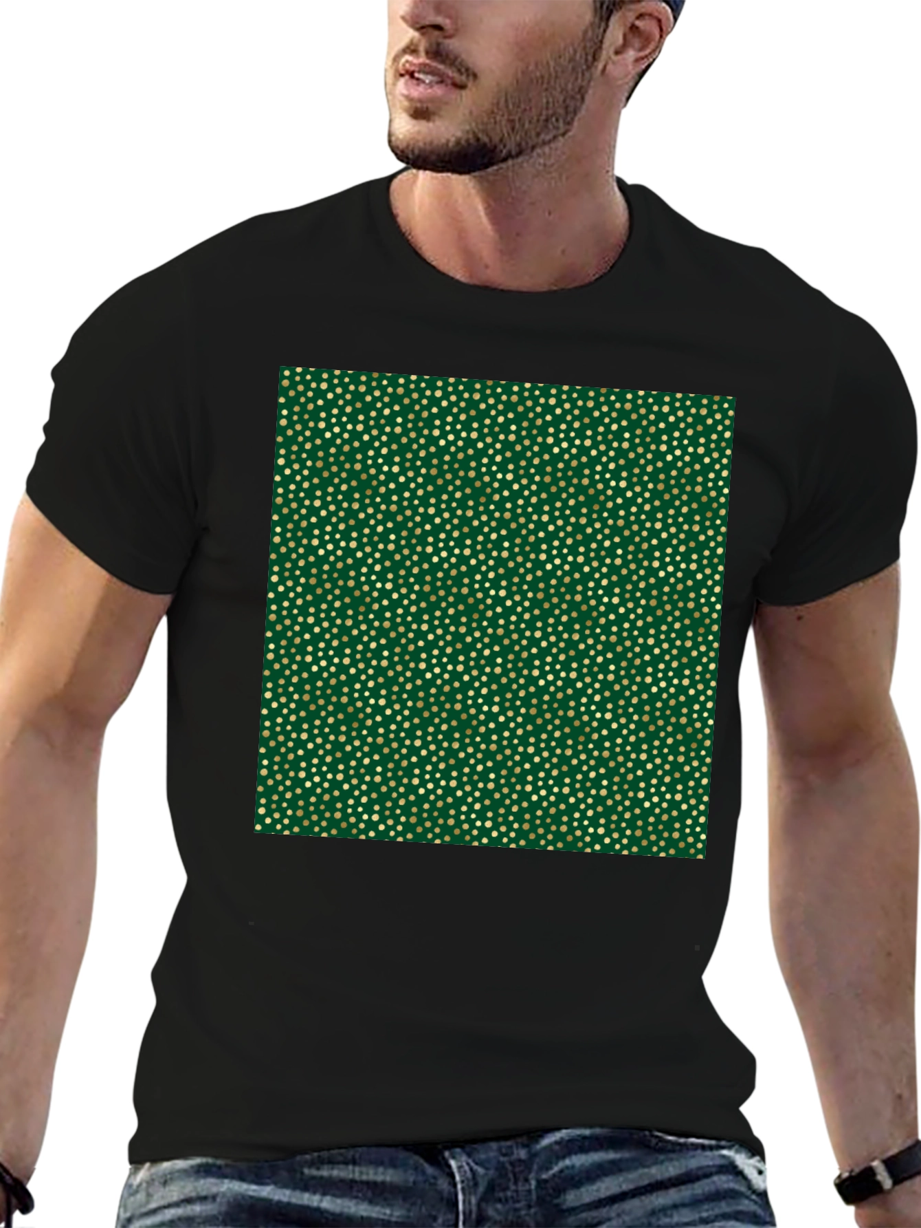 Stylish Black Tee with Unique Gold & Green Pattern