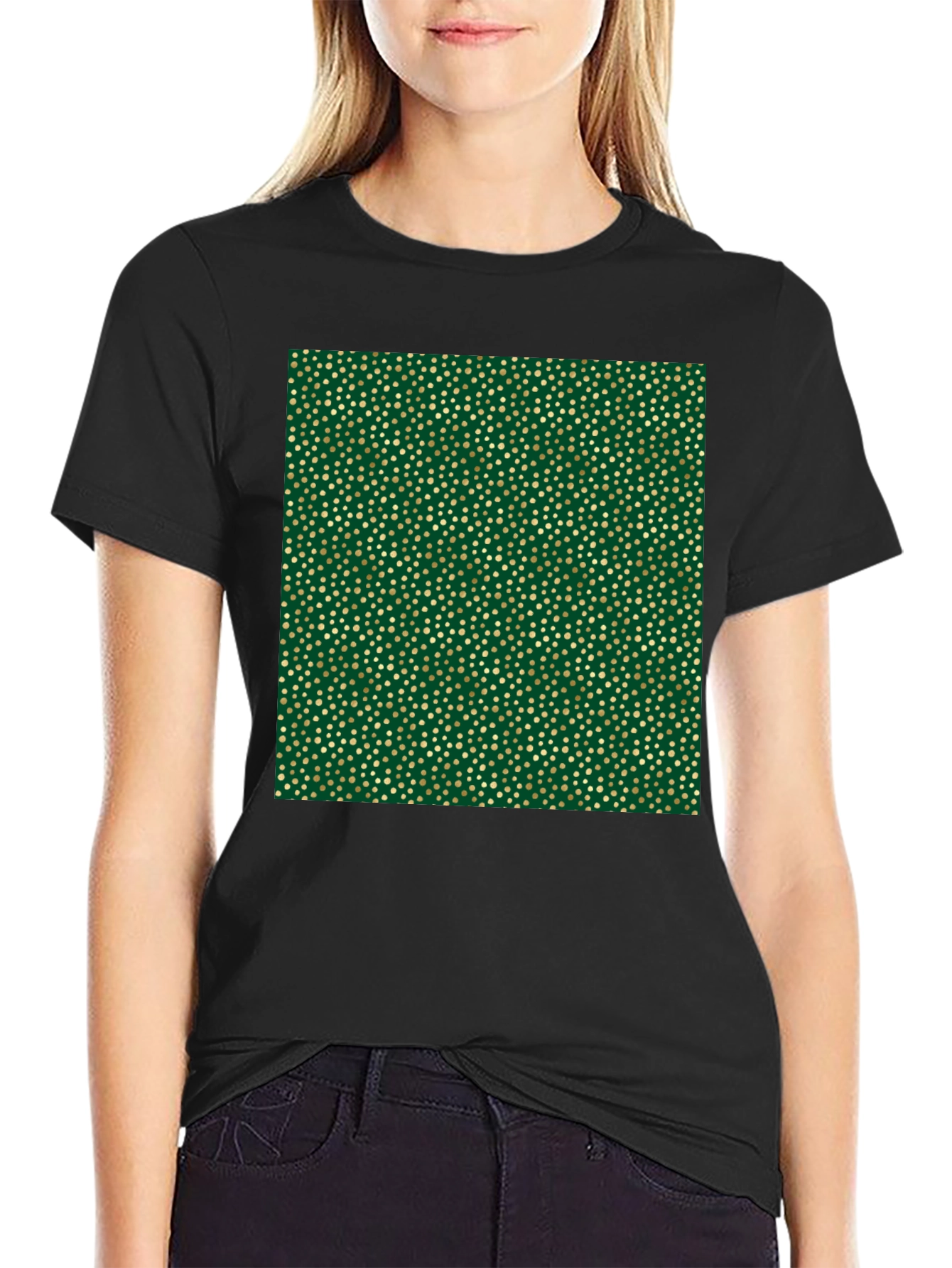 Stylish Black Tee with Unique Gold & Green Pattern