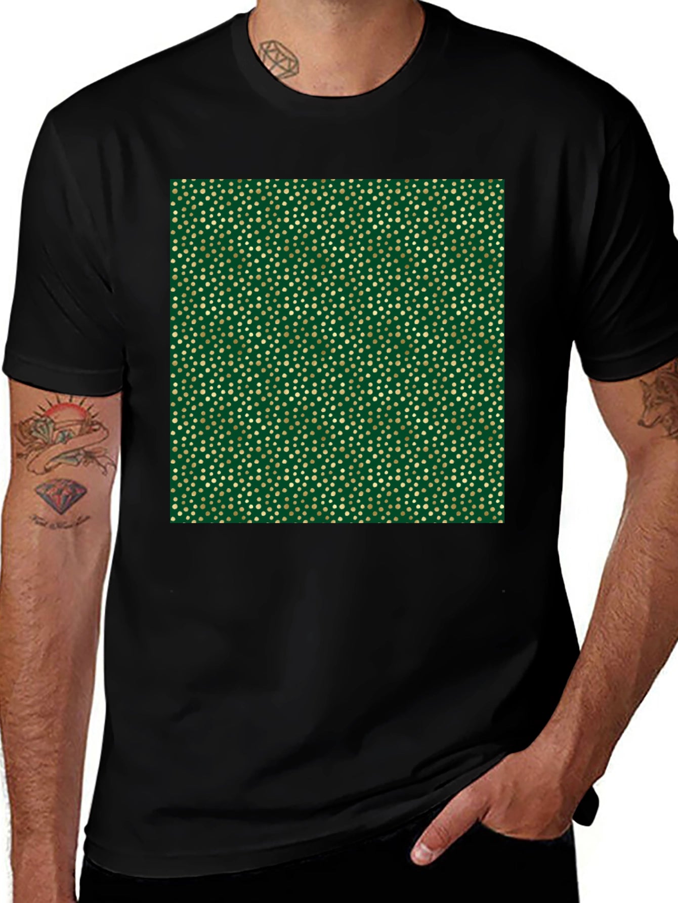 Stylish Black Tee with Unique Gold & Green Pattern