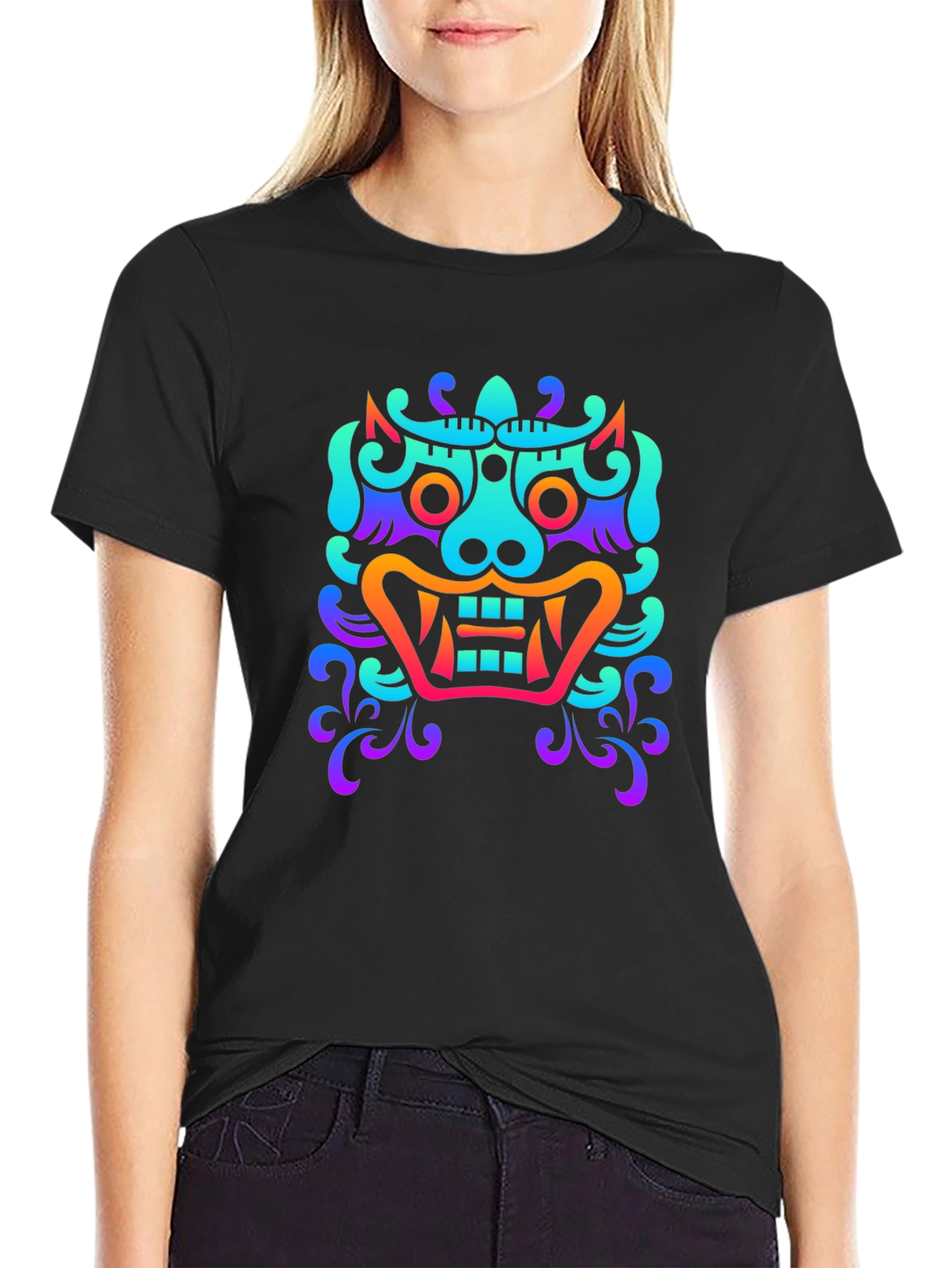 Vibrant Oni Mask Graphic Tee - Soft Black Cotton