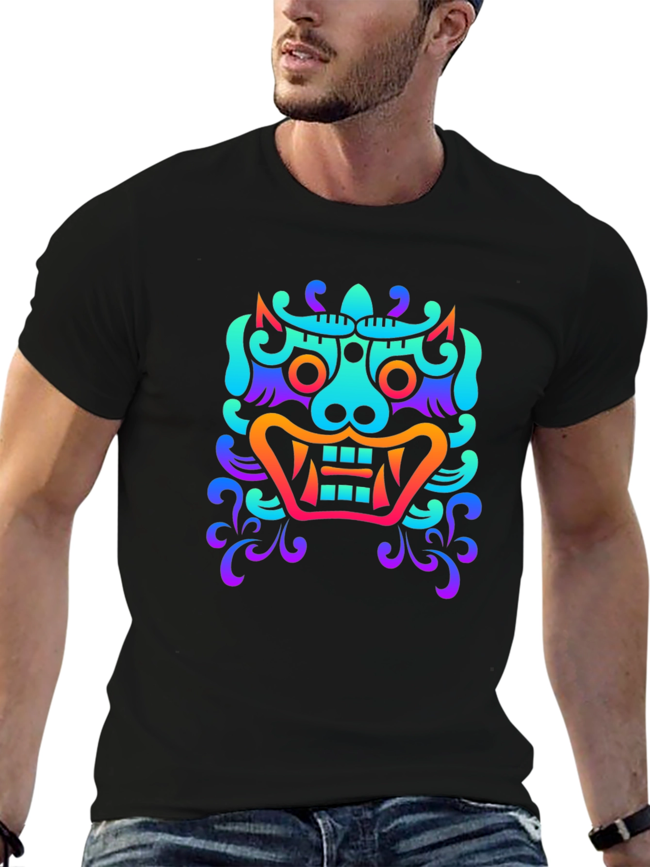 Vibrant Oni Mask Graphic Tee - Soft Black Cotton