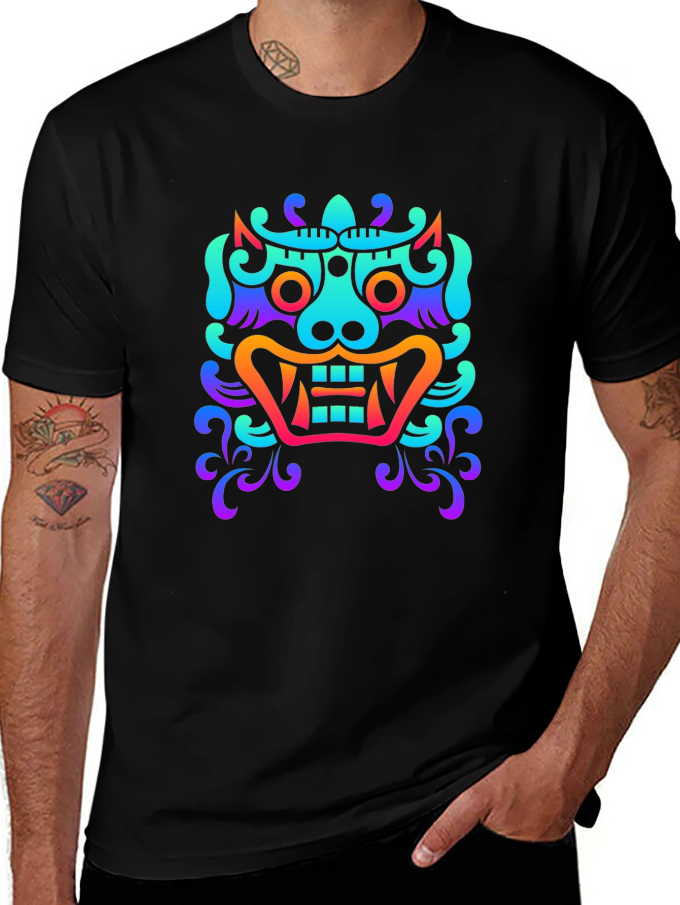 Vibrant Oni Mask Graphic Tee - Soft Black Cotton