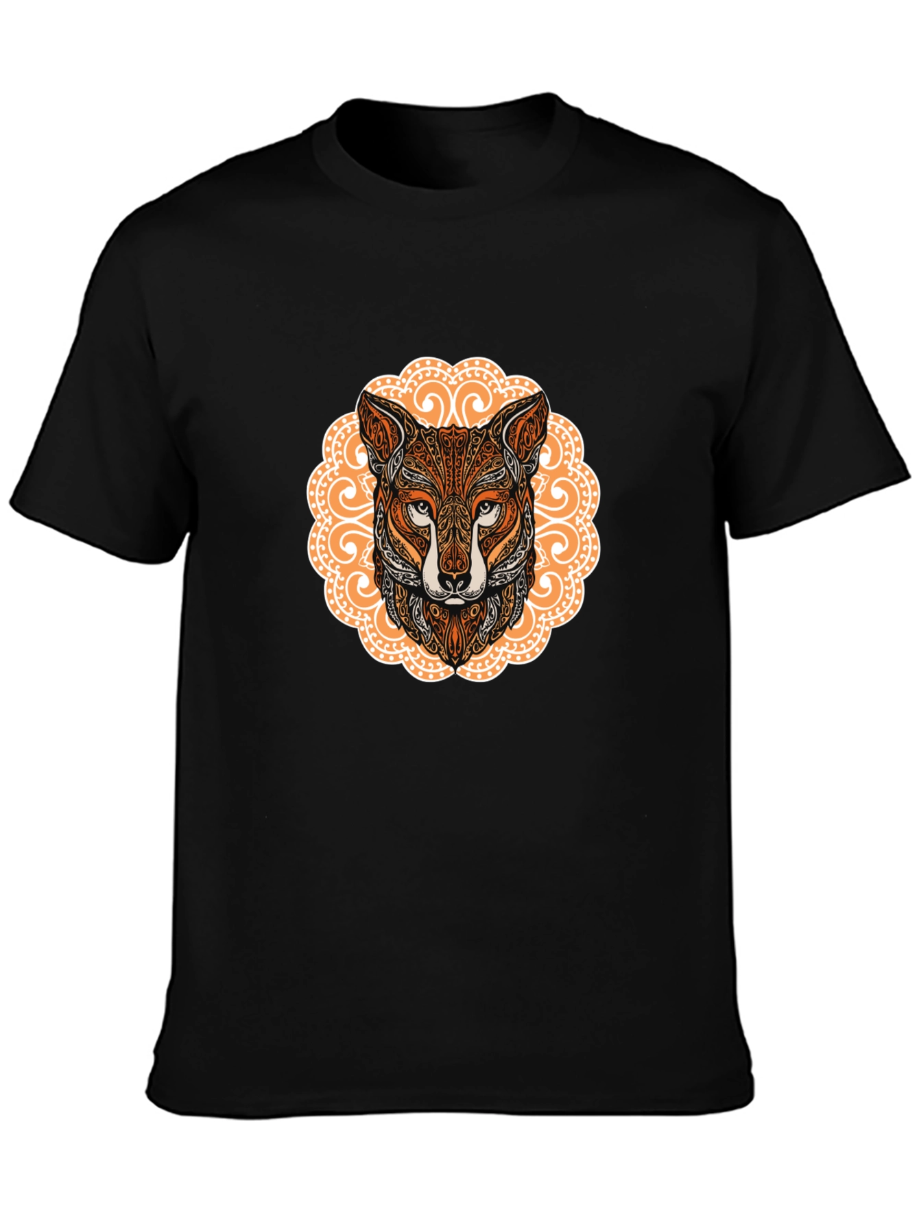 Ornate Fox Head Graphic Black T-Shirt