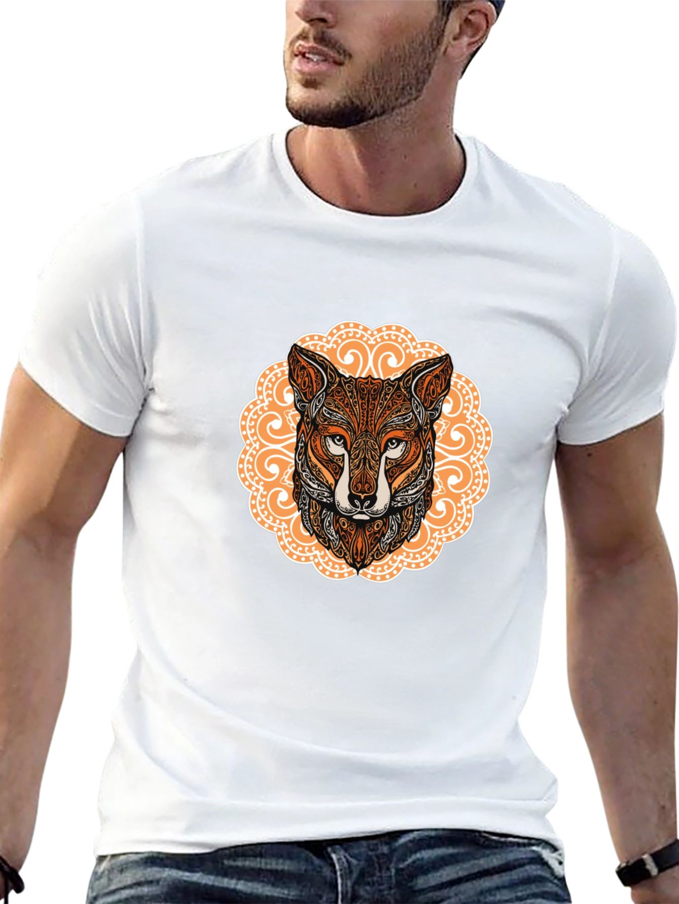 Ornate Fox Head Graphic Black T-Shirt
