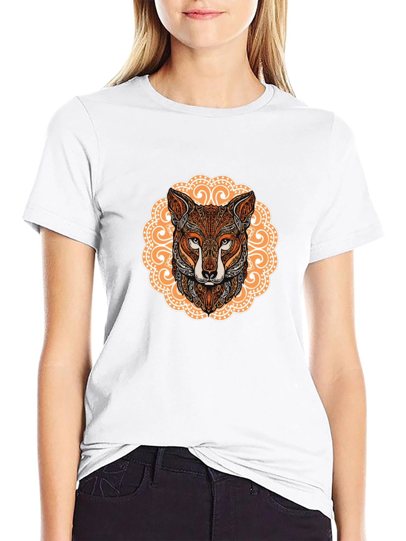 Ornate Fox Head Graphic Black T-Shirt