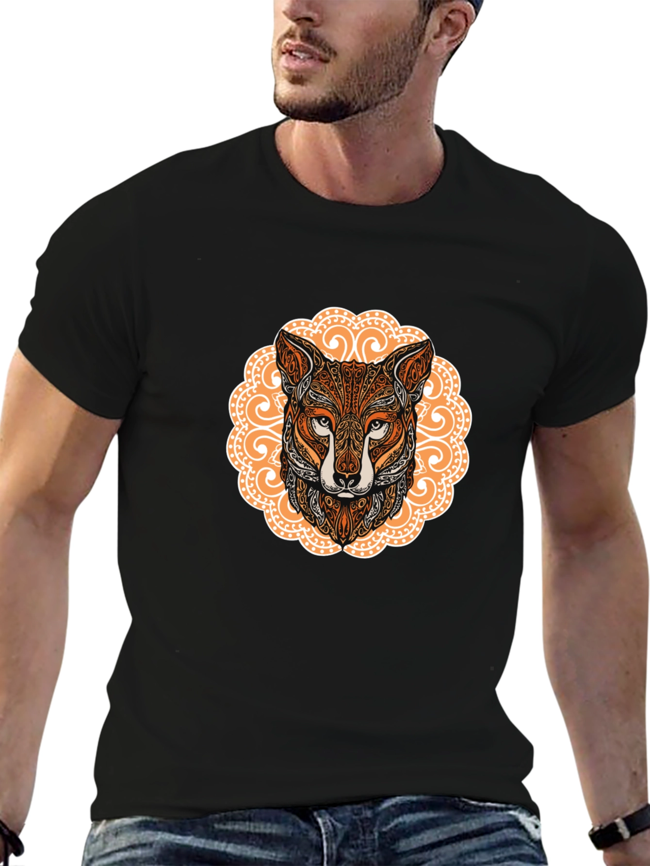 Ornate Fox Head Graphic Black T-Shirt