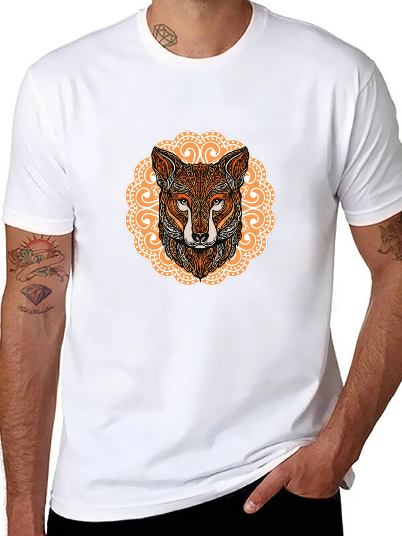 Ornate Fox Head Graphic Black T-Shirt