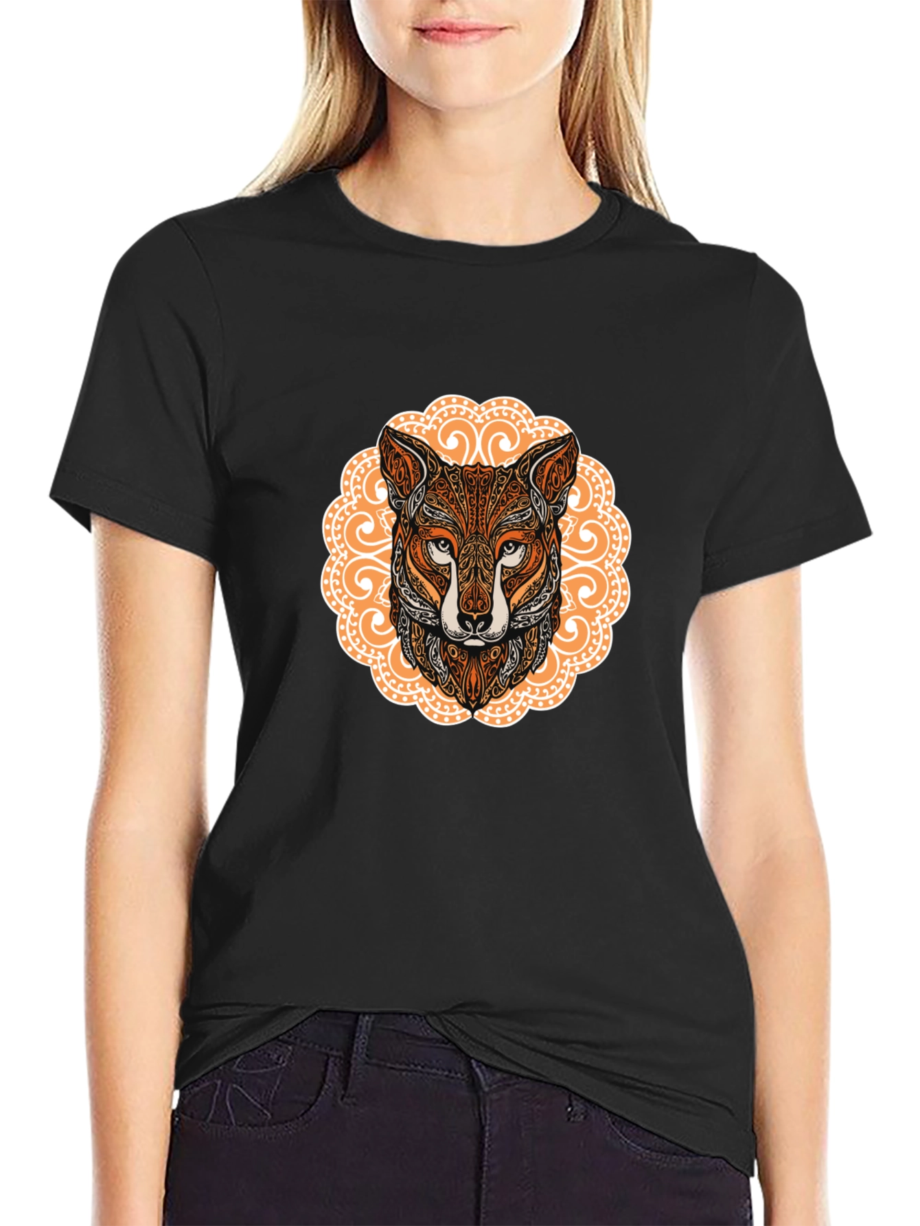 Ornate Fox Head Graphic Black T-Shirt