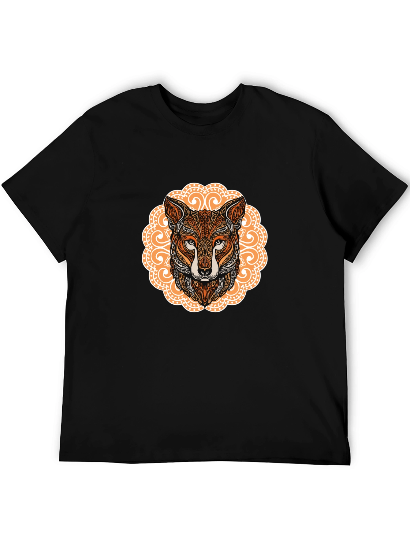 Ornate Fox Head Graphic Black T-Shirt