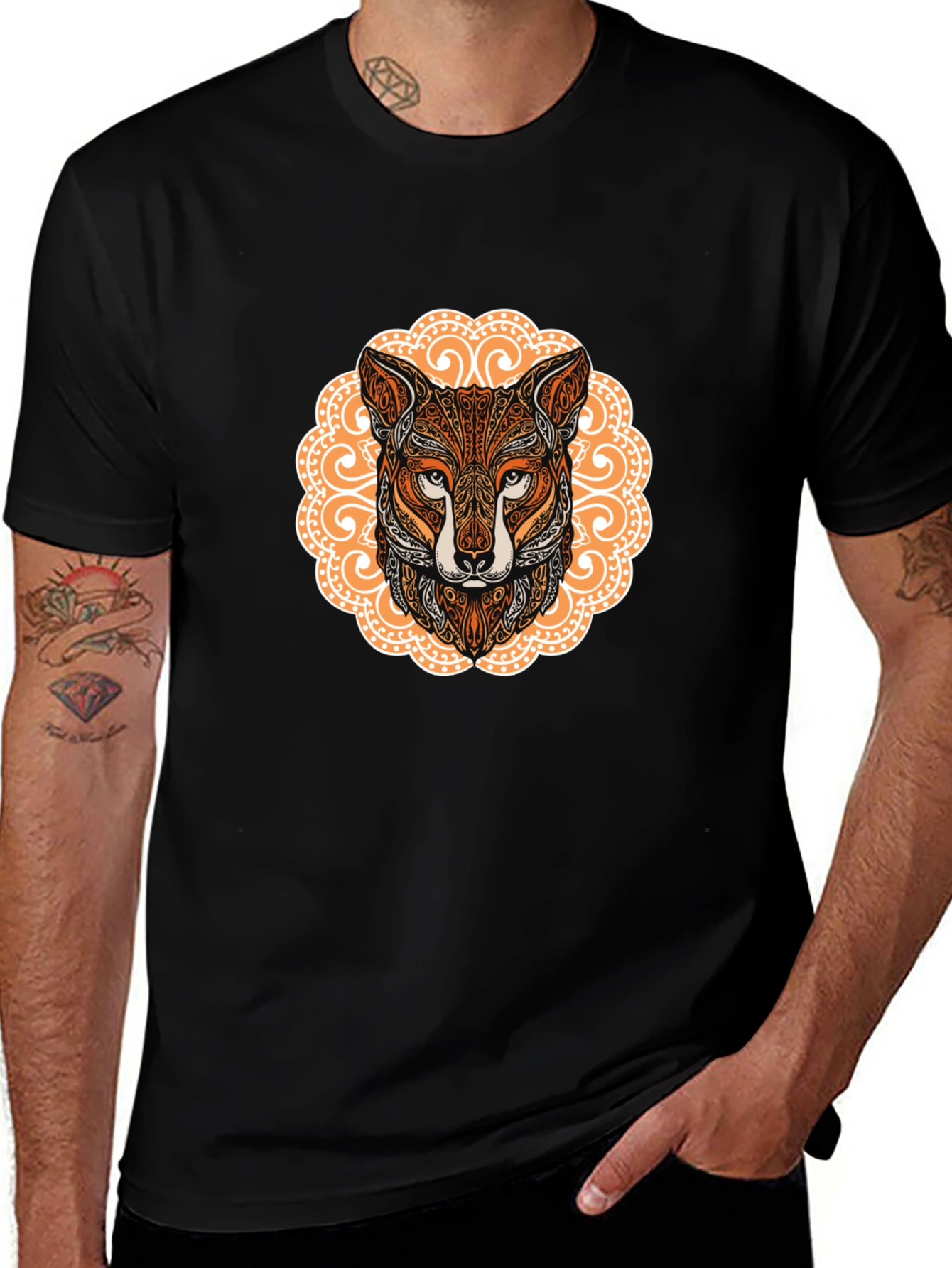 Ornate Fox Head Graphic Black T-Shirt